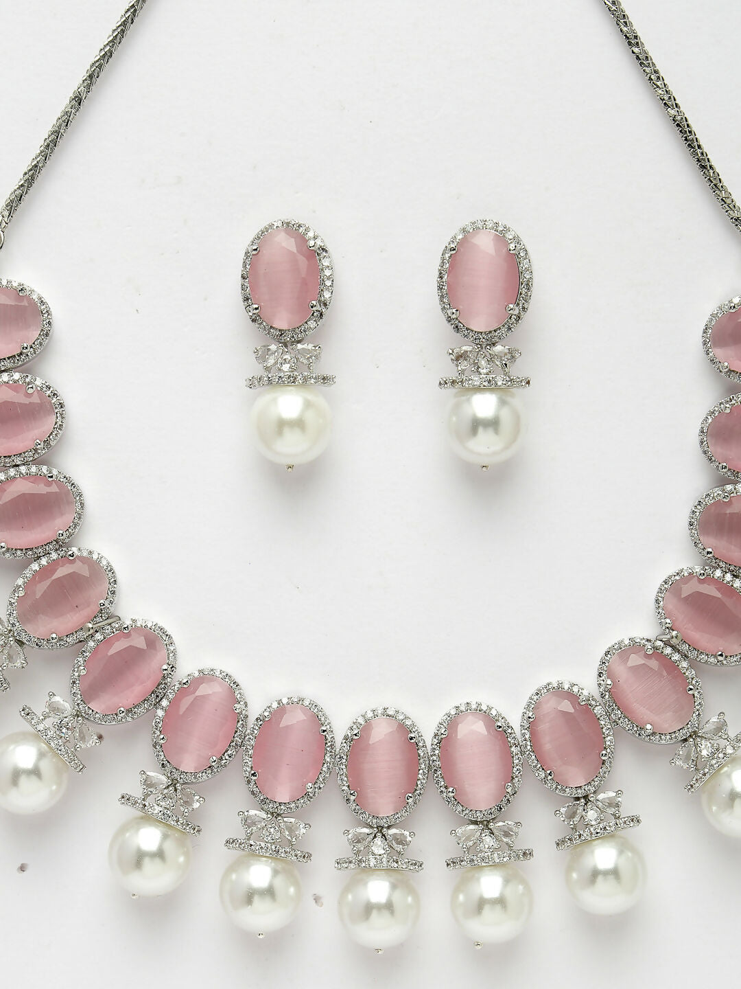 NVR Women's Silver-Plated Pink American Diamond Studded Handcrafted Jewellery Set - Grab2buy