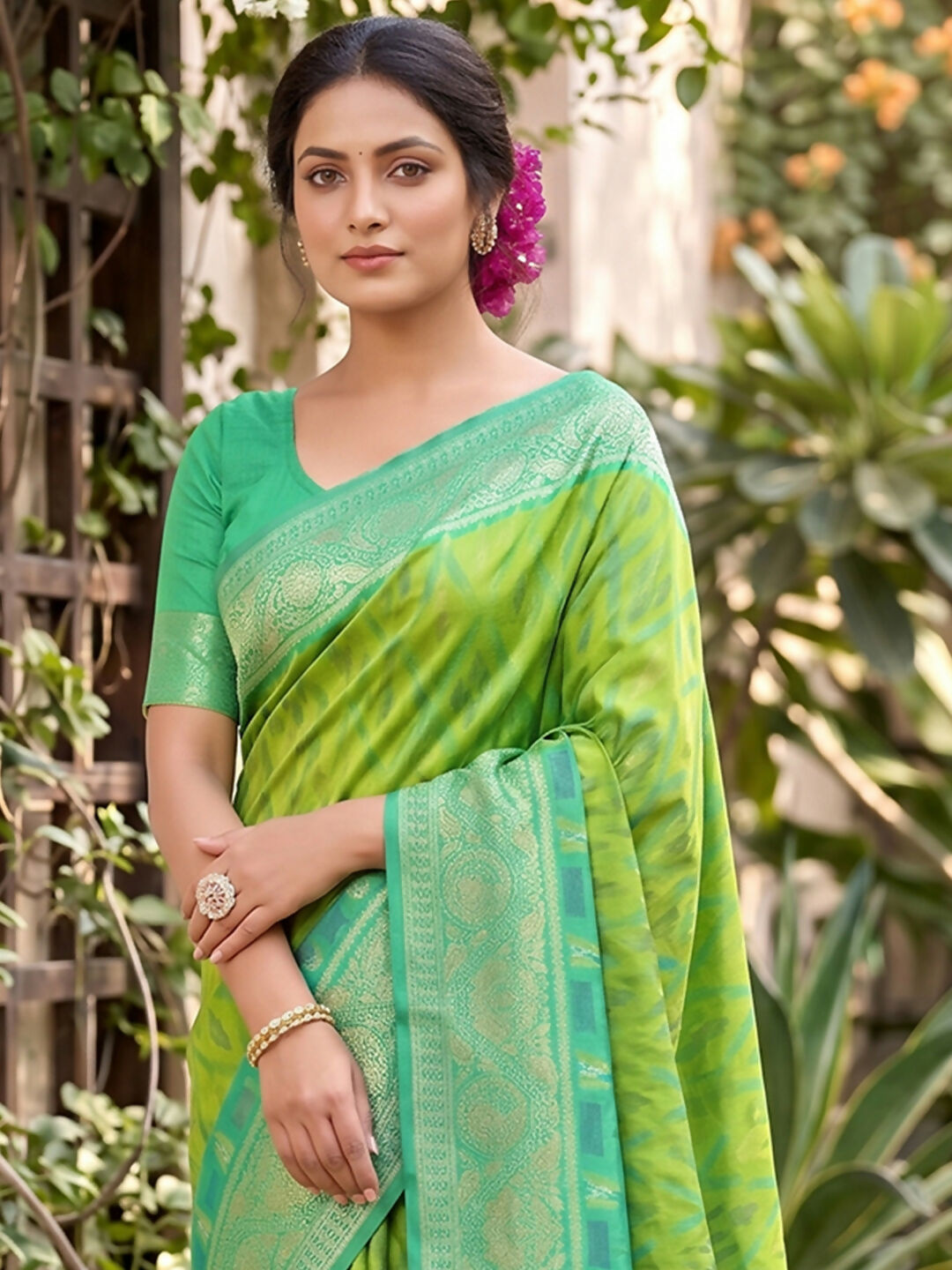 Shree Shyam Fashion Rama Green Soft Silk Saree