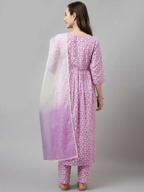 FIORRA Women's Lavender Lurex Cotton Flared Kurta Pant With Dupatta 