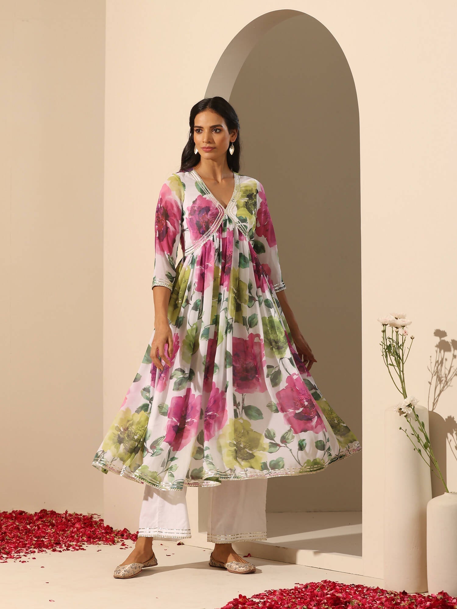 Pomcha Jaipur White Gul Gulistan Anarkali Set 