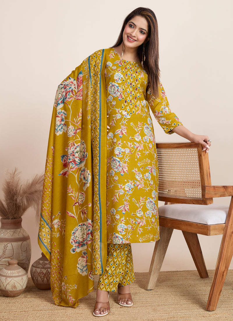 Prazu Fashion Yellow Printed Cotton Blend Festival Wear Salwar Suit