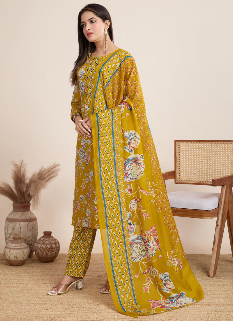 Prazu Fashion Yellow Printed Cotton Blend Festival Wear Salwar Suit