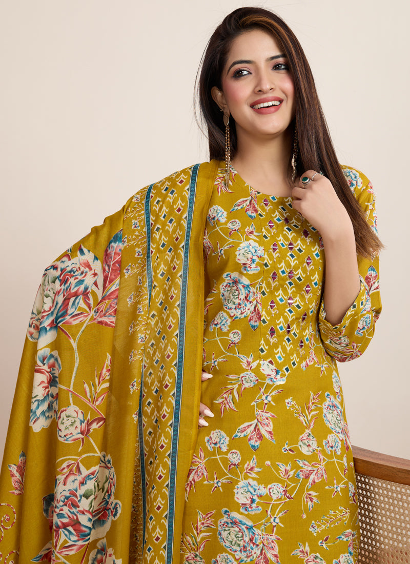 Prazu Fashion Yellow Printed Cotton Blend Festival Wear Salwar Suit