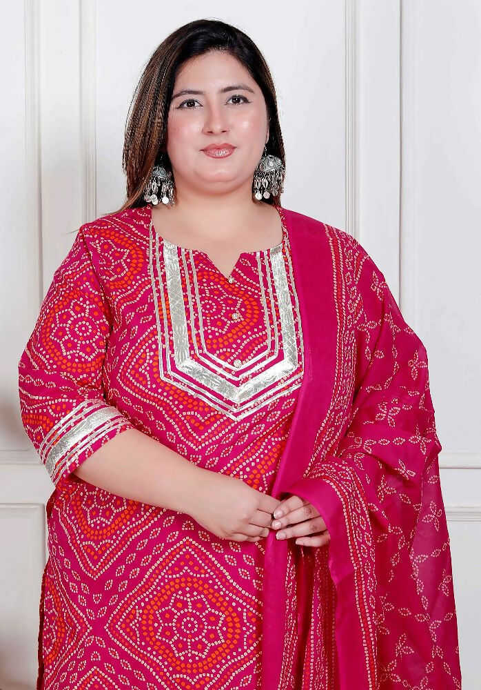 Miravan Plus Size Women'S Pink Bandhani Printed Straight Kurta With Palazzo & Dupatta