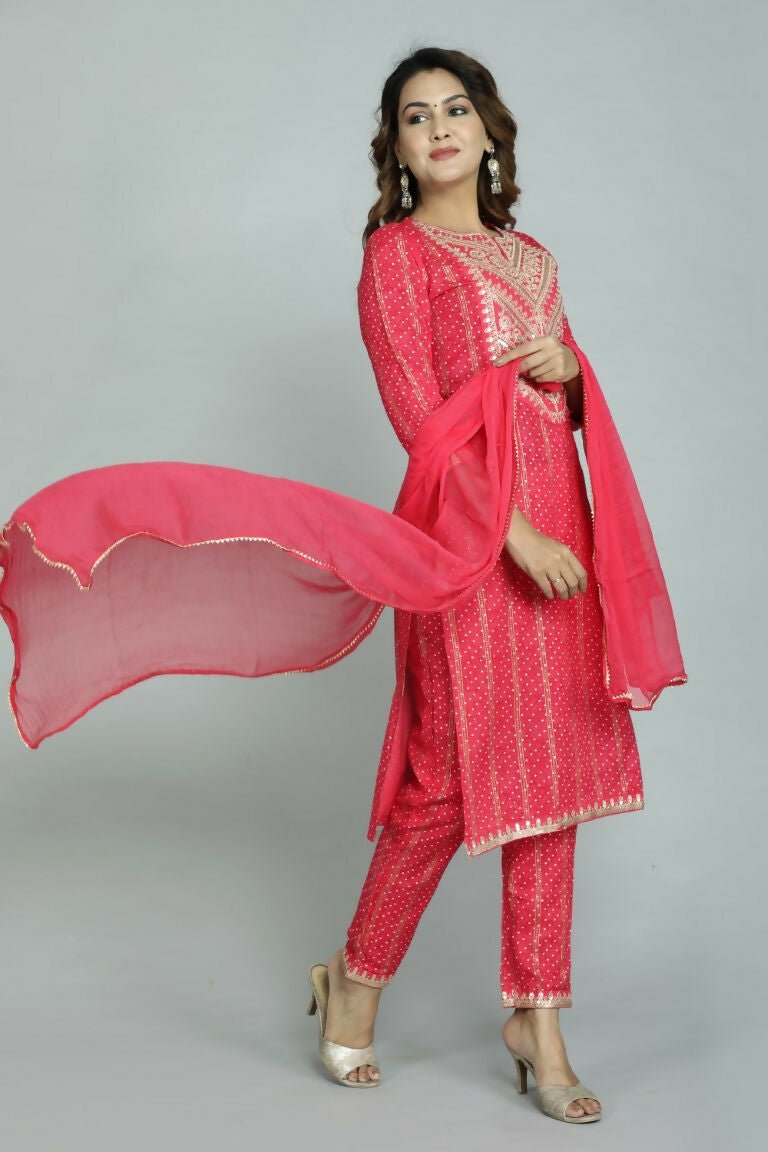 Alvano Beautiful Embroidery Print Straight Kurti with Pant and Dupatta set for Women and Girls Rayon