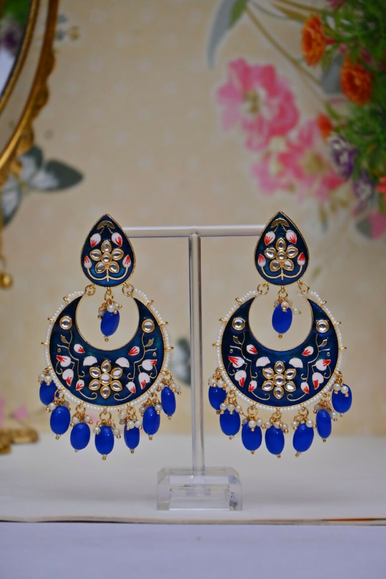 Royal Blue Gold-Polished Brass & Pearl Dangle Women Earrings| Hand Painted Meenakari Chandbali Traditional Ethnic Wear Earrings By House of Ree House of Ree