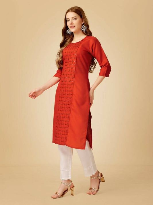 Aastha Fashion Women's Rust Cotton Blend Embroidered Kurta Pant Set - Grab2buy