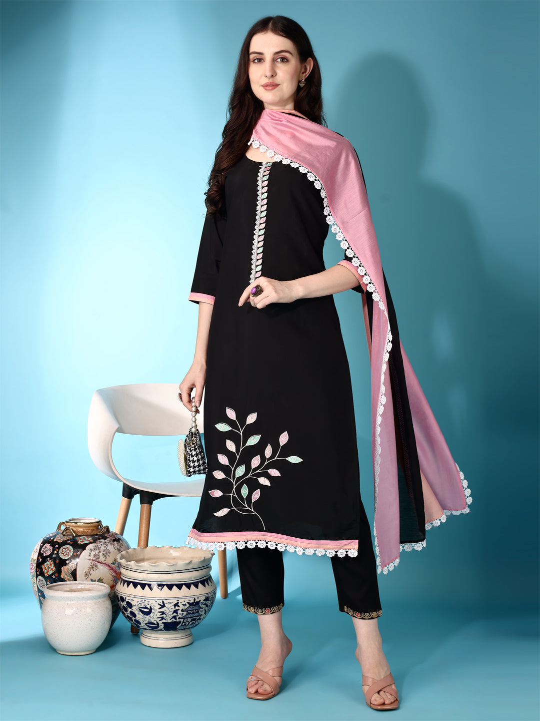 Embroidered & Lace Detailing Kurta With Pant & Multicoloured Dupatta, Black - Hiral Fashion