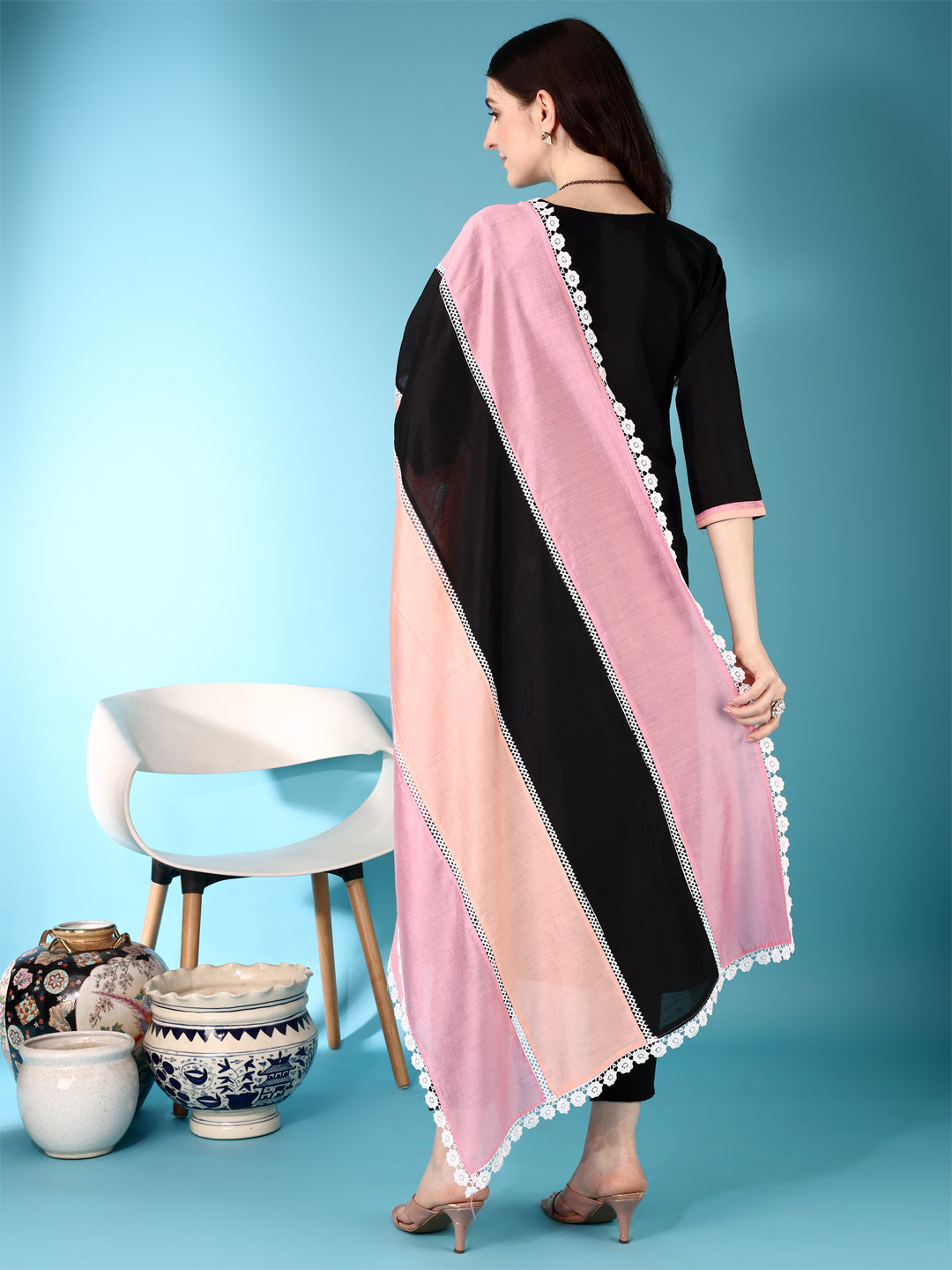 Embroidered & Lace Detailing Kurta With Pant & Multicoloured Dupatta, Black - Hiral Fashion