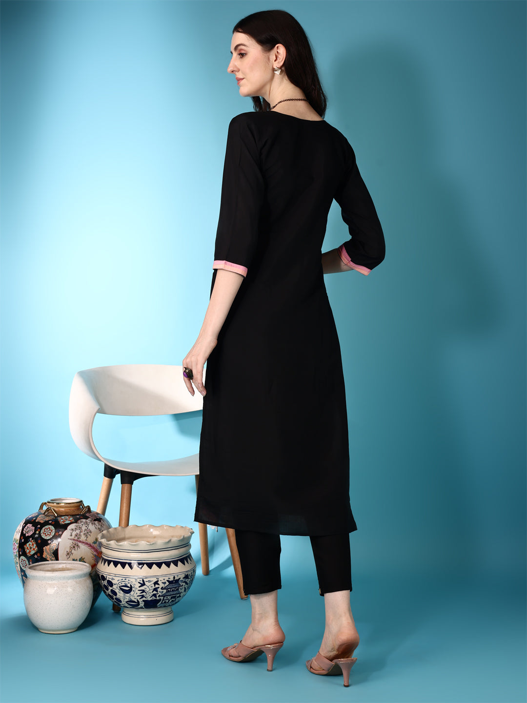 Embroidered & Lace Detailing Kurta With Pant & Multicoloured Dupatta, Black - Hiral Fashion