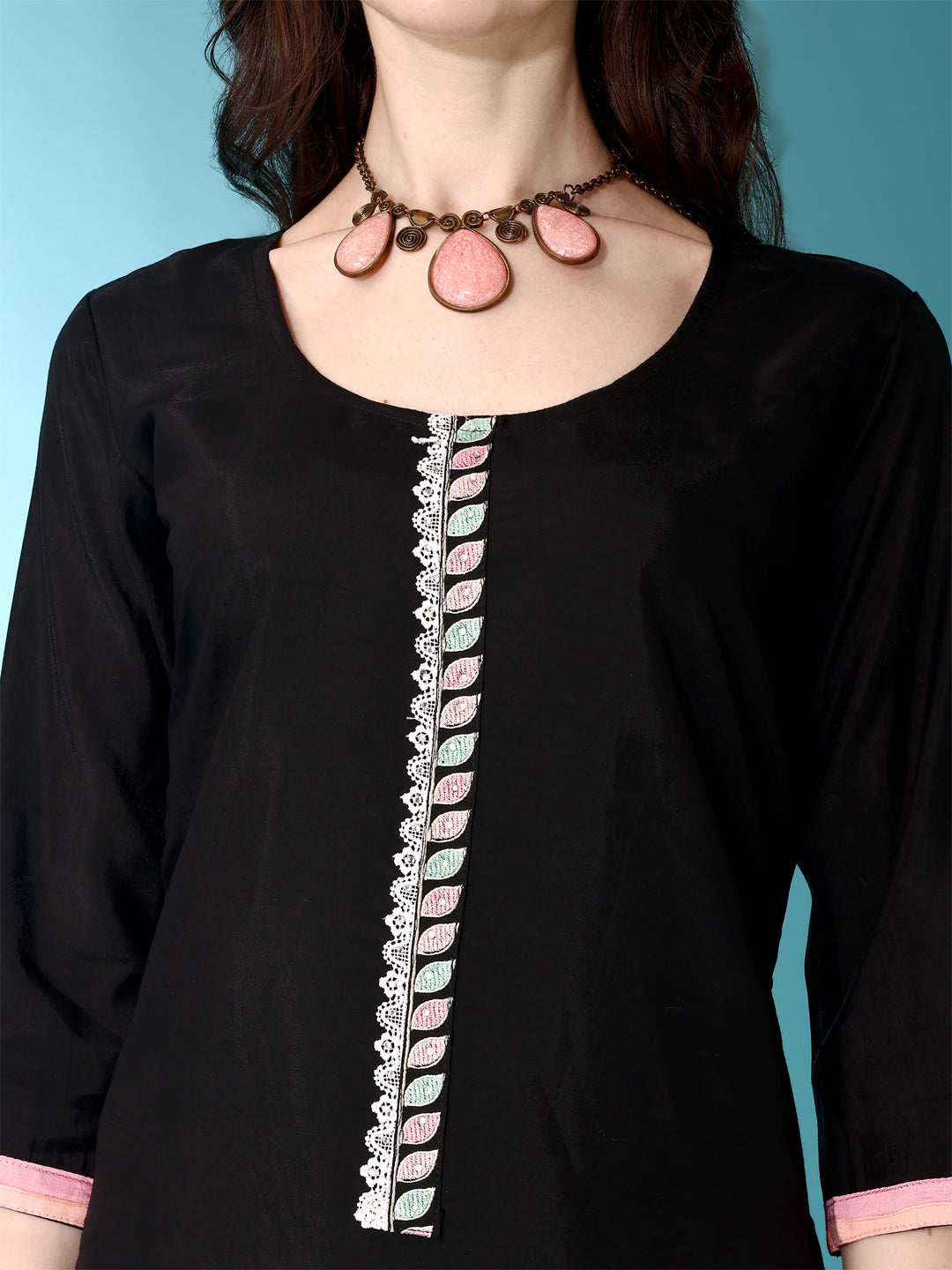 Embroidered & Lace Detailing Kurta With Pant & Multicoloured Dupatta, Black - Hiral Fashion