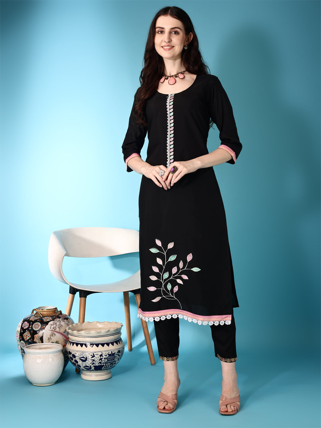 Embroidered & Lace Detailing Kurta With Pant & Multicoloured Dupatta, Black - Hiral Fashion