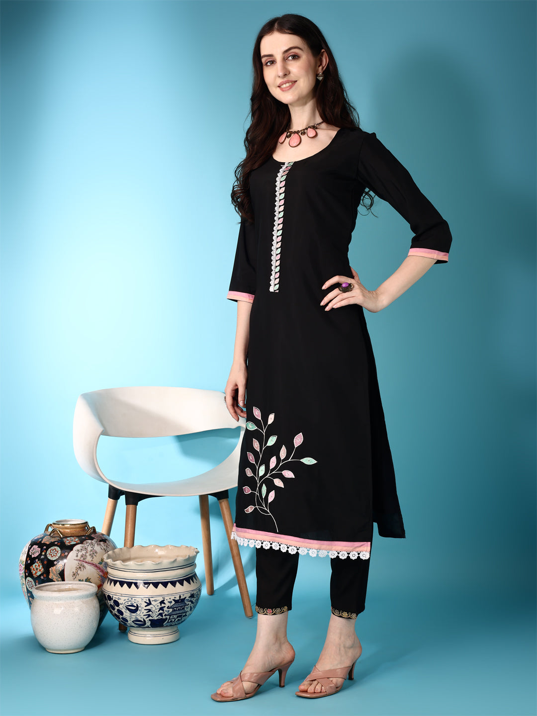 Embroidered & Lace Detailing Kurta With Pant & Multicoloured Dupatta, Black - Hiral Fashion