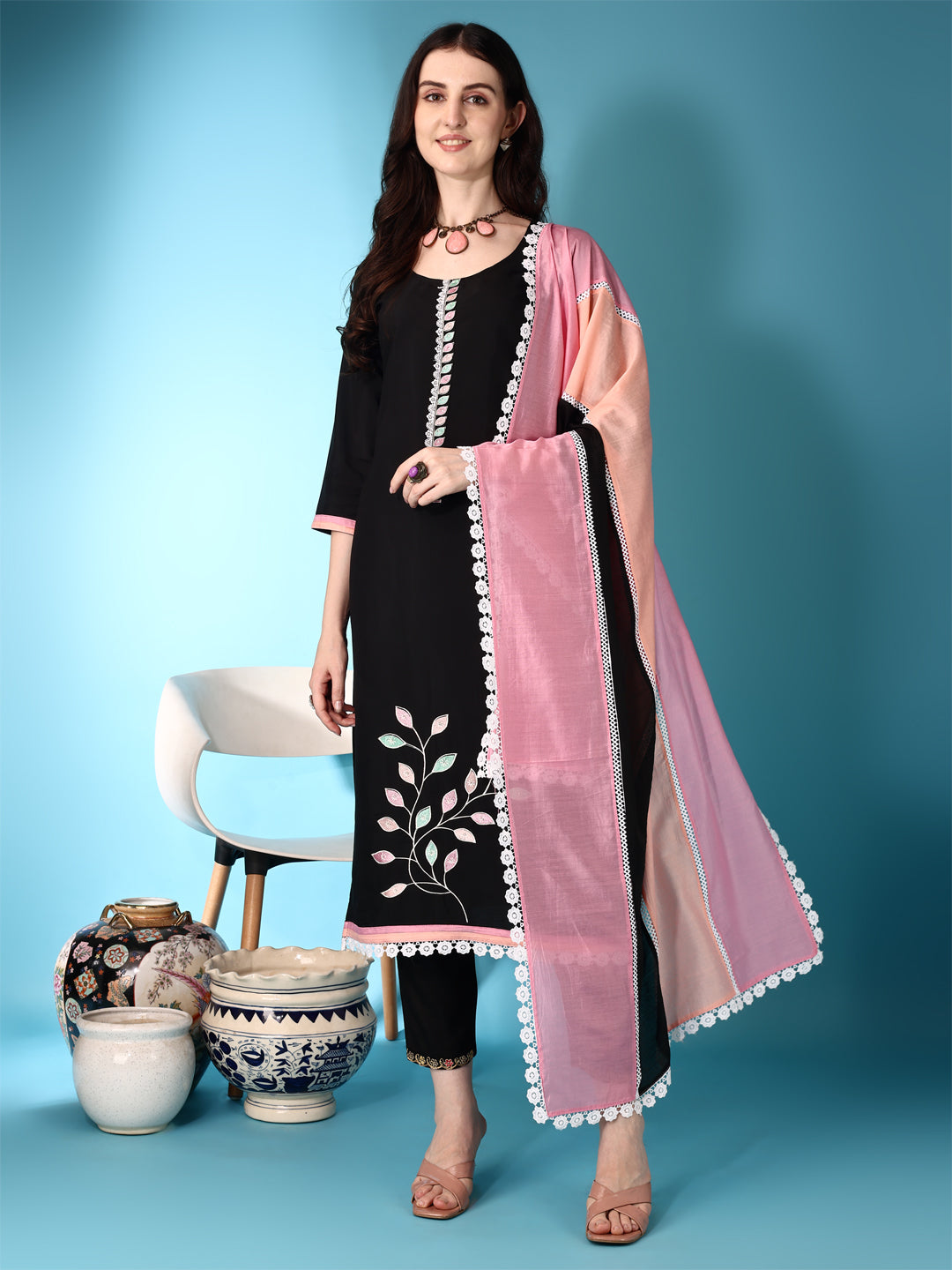 Embroidered & Lace Detailing Kurta With Pant & Multicoloured Dupatta, Black - Hiral Fashion