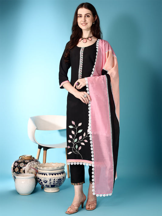 Embroidered & Lace Detailing Kurta With Pant & Multicoloured Dupatta, Black - Hiral Fashion