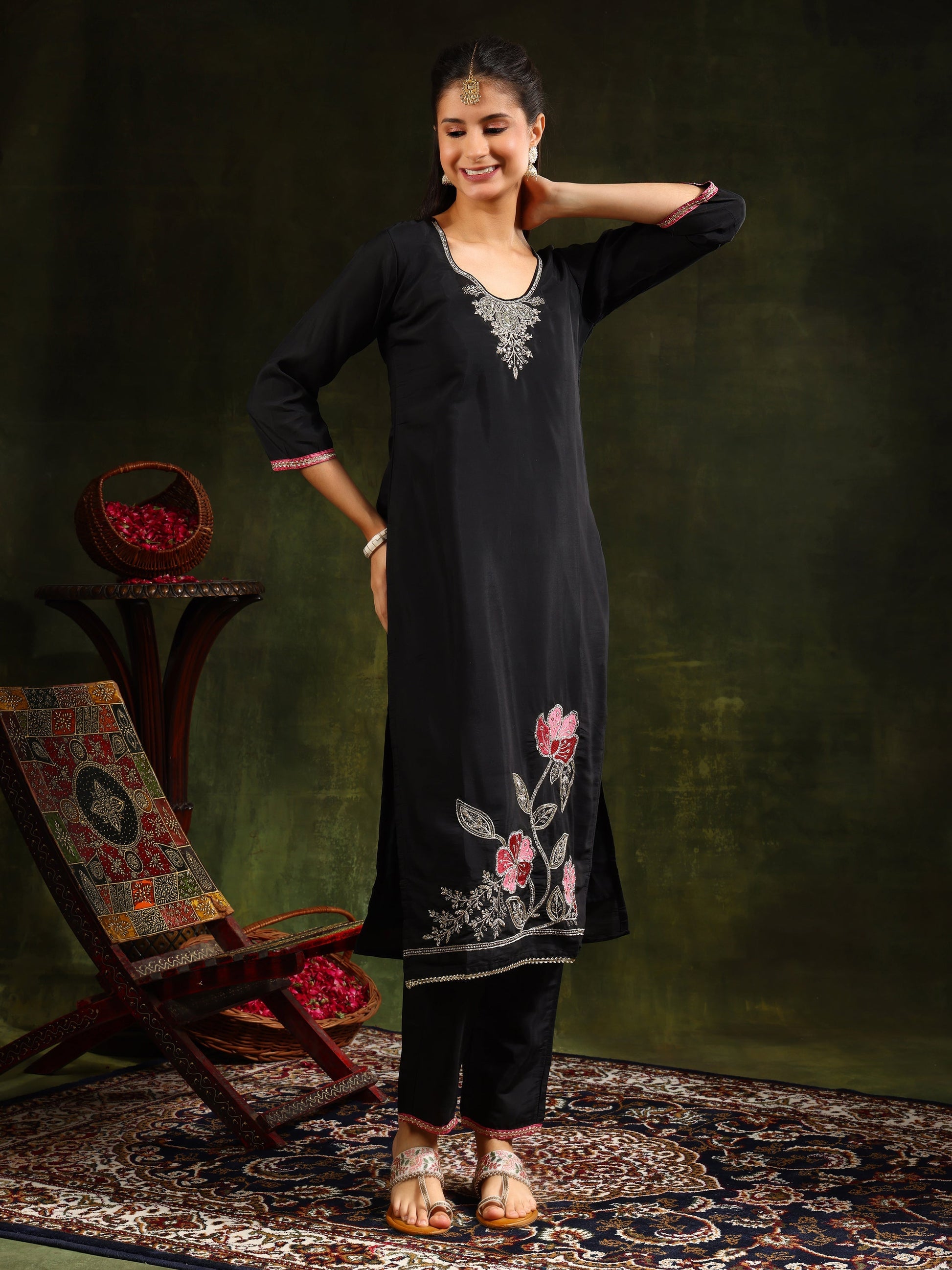 Swarovski & Sequined Embroidered Kurta With Pant & Dupatta, Black - Hiral Fashion