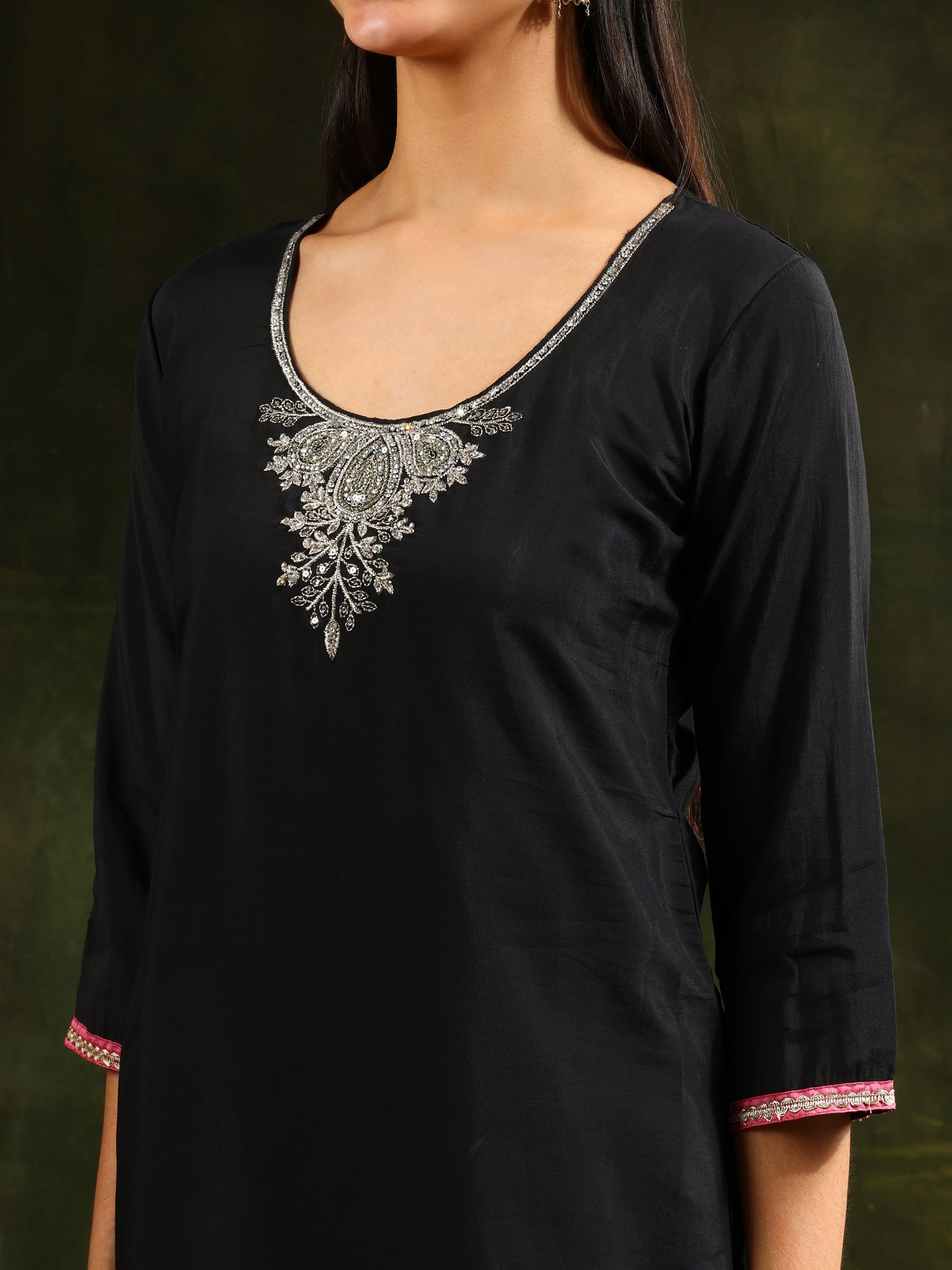 Swarovski & Sequined Embroidered Kurta With Pant & Dupatta, Black - Hiral Fashion