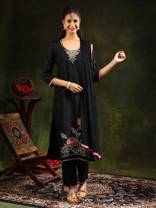 Swarovski & Sequined Embroidered Kurta With Pant & Dupatta, Black - Hiral Fashion