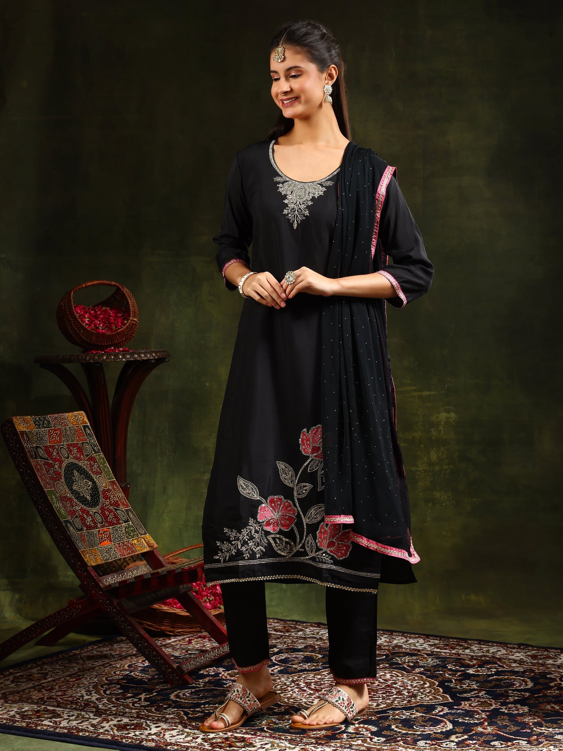 Swarovski & Sequined Embroidered Kurta With Pant & Dupatta, Black - Hiral Fashion