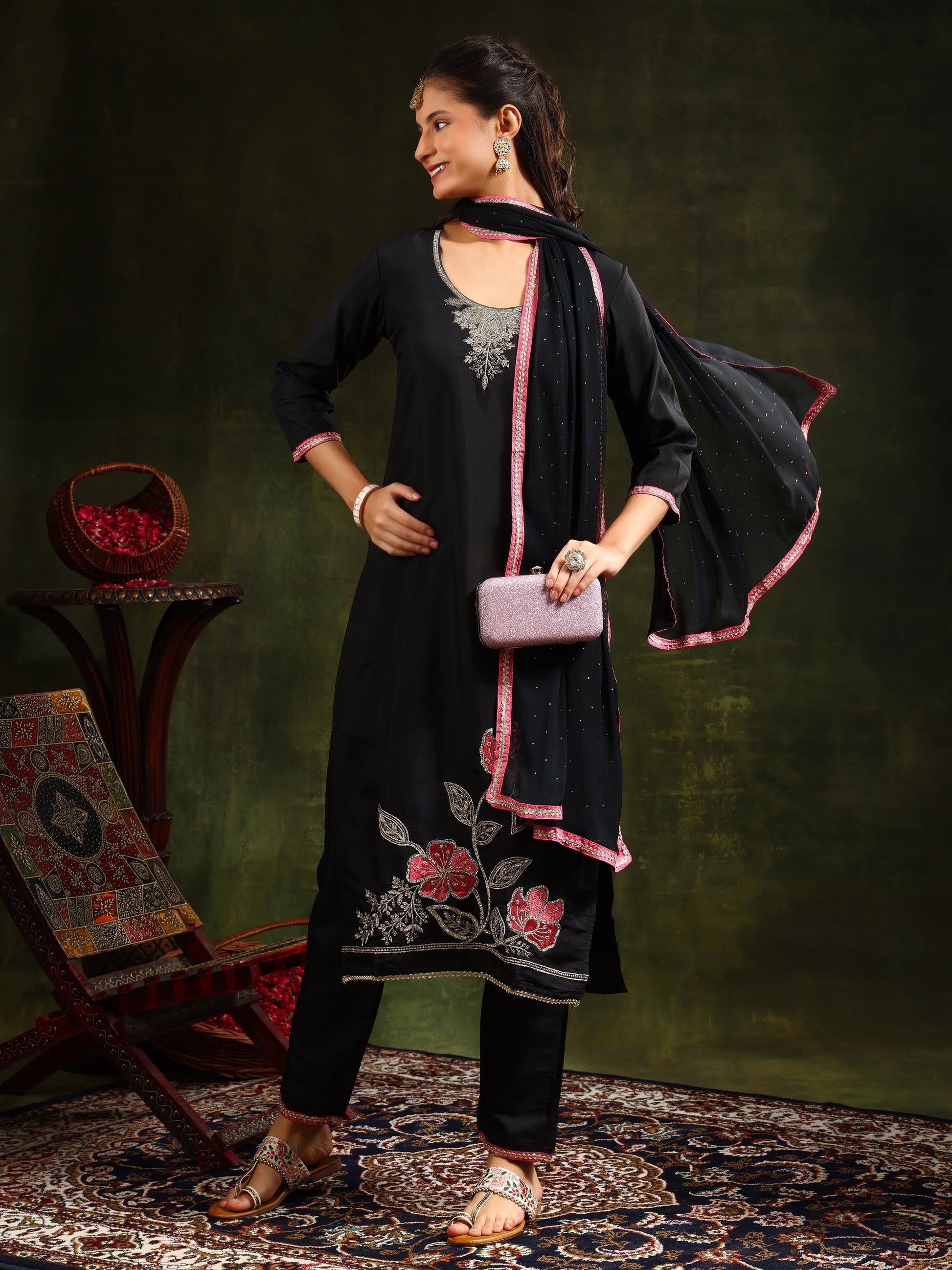 Swarovski & Sequined Embroidered Kurta With Pant & Dupatta, Black - Hiral Fashion