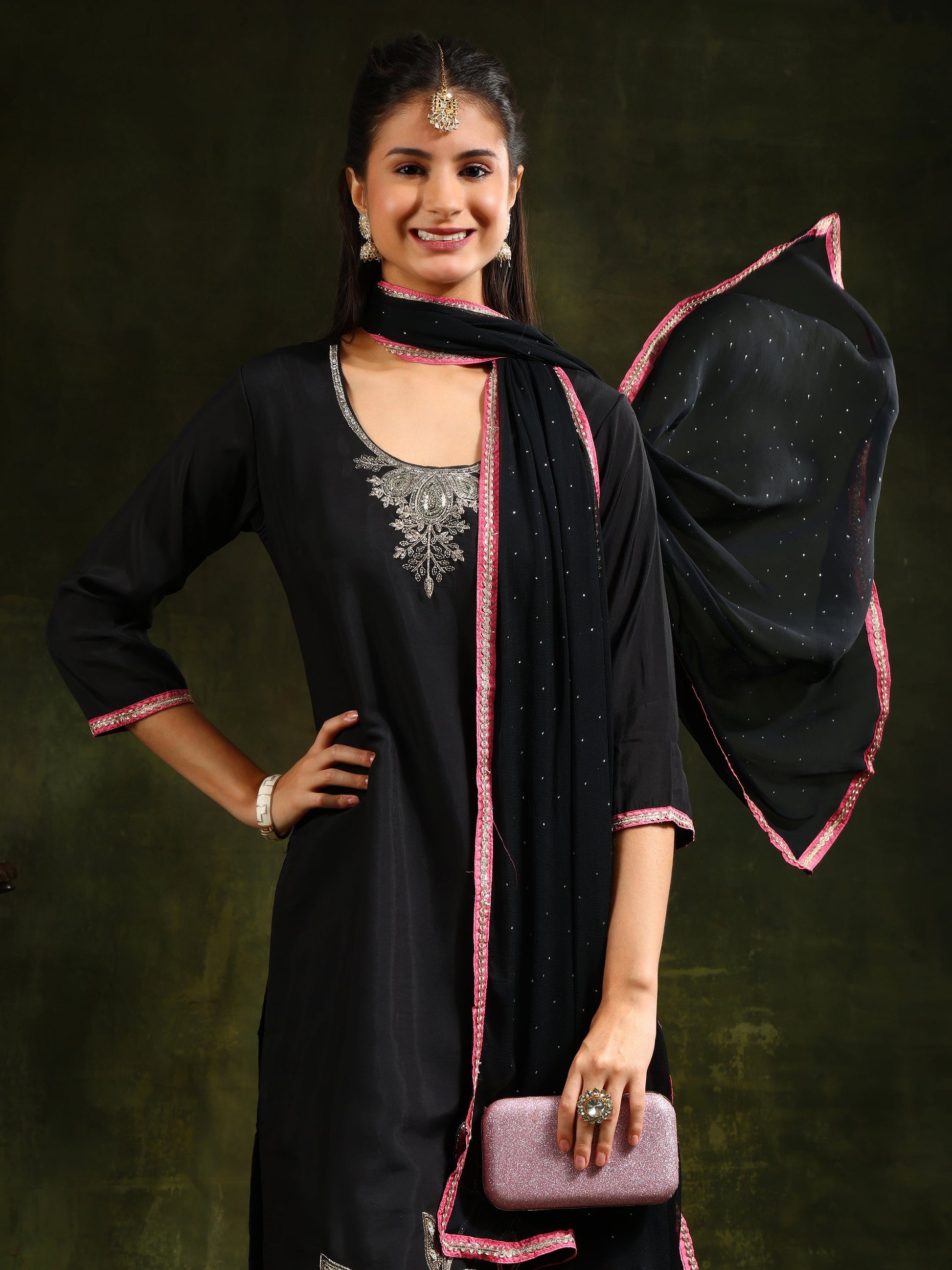 Swarovski & Sequined Embroidered Kurta With Pant & Dupatta, Black - Hiral Fashion