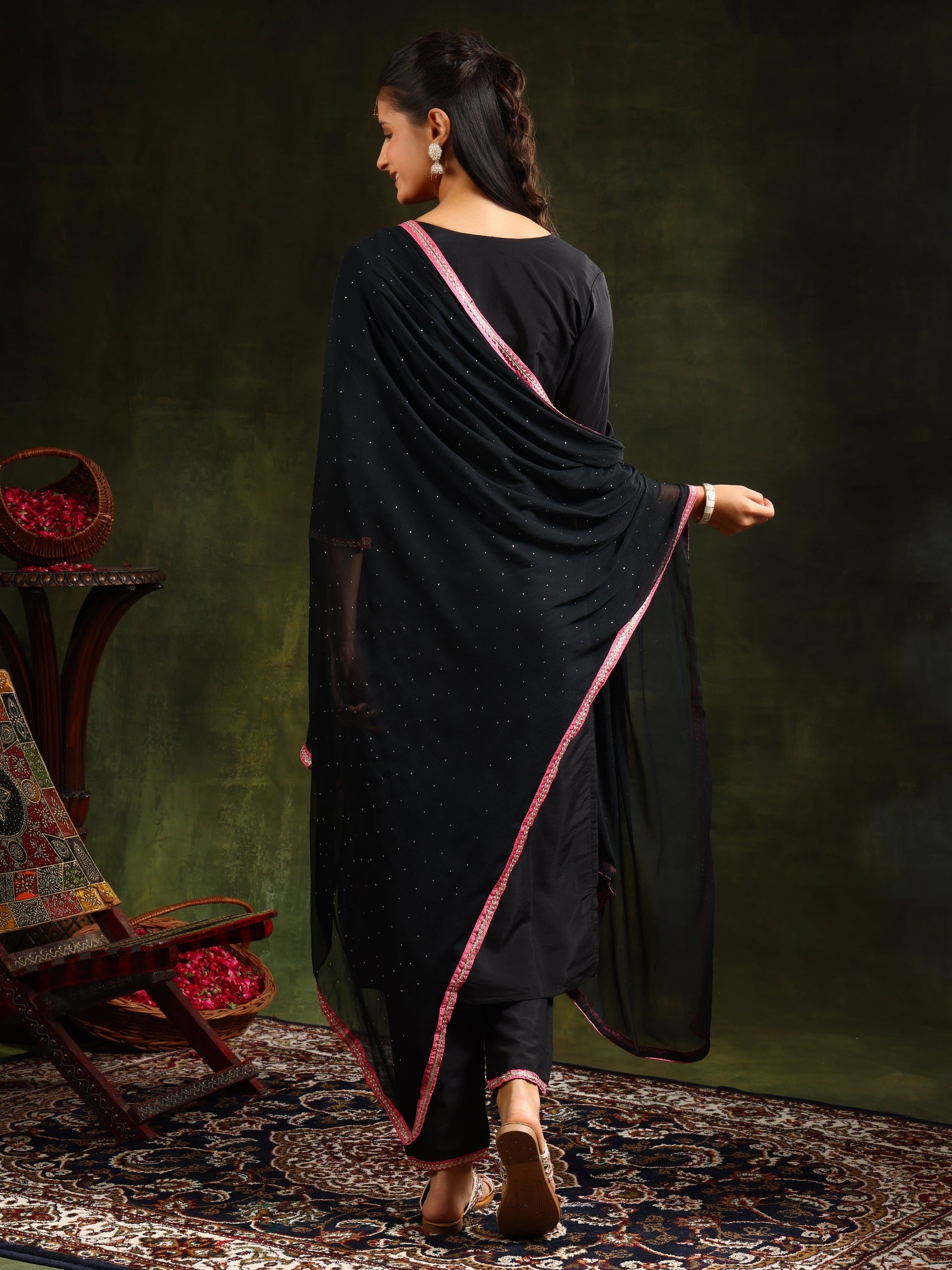 Swarovski & Sequined Embroidered Kurta With Pant & Dupatta, Black - Hiral Fashion