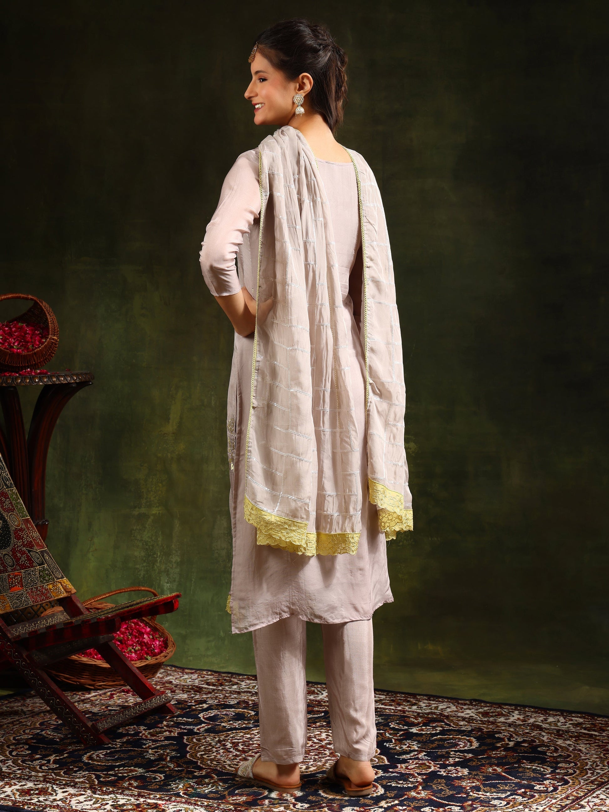 Hand Embroidered Kurta With Pant & Organza Sequined Embroidered Dupatta, Grey - Hiral Fashion