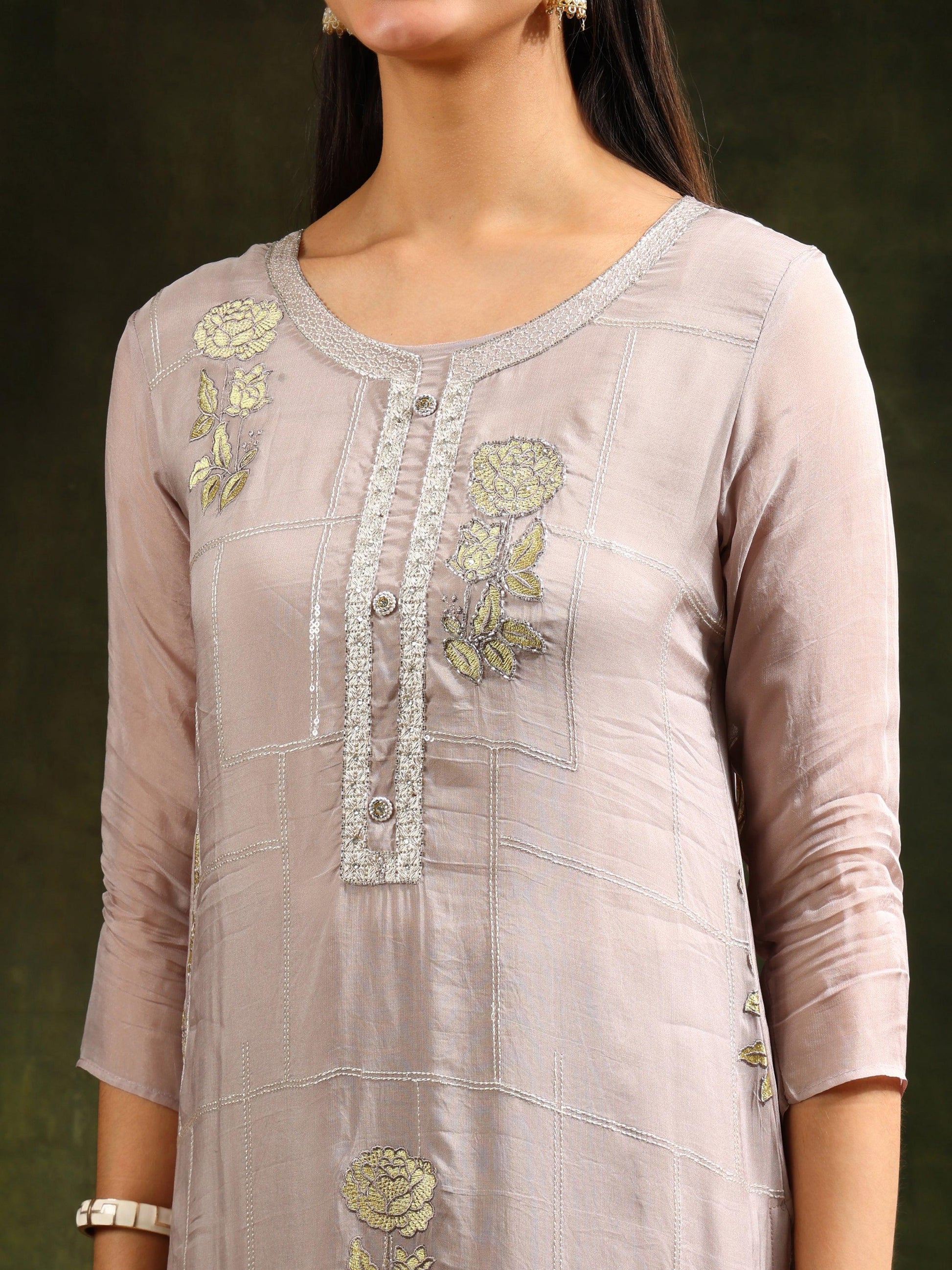 Hand Embroidered Kurta With Pant & Organza Sequined Embroidered Dupatta, Grey - Hiral Fashion