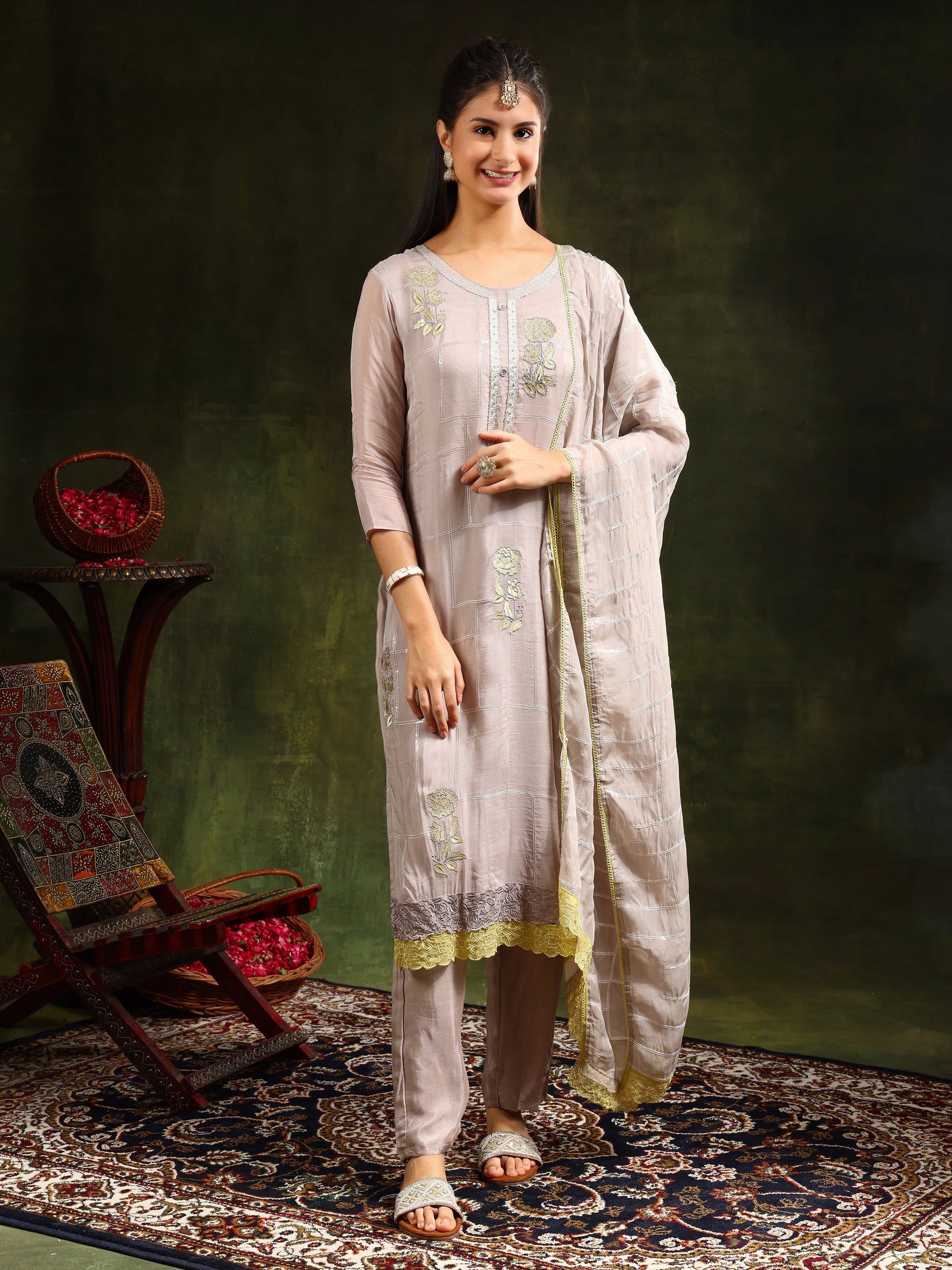 Hand Embroidered Kurta With Pant & Organza Sequined Embroidered Dupatta, Grey - Hiral Fashion
