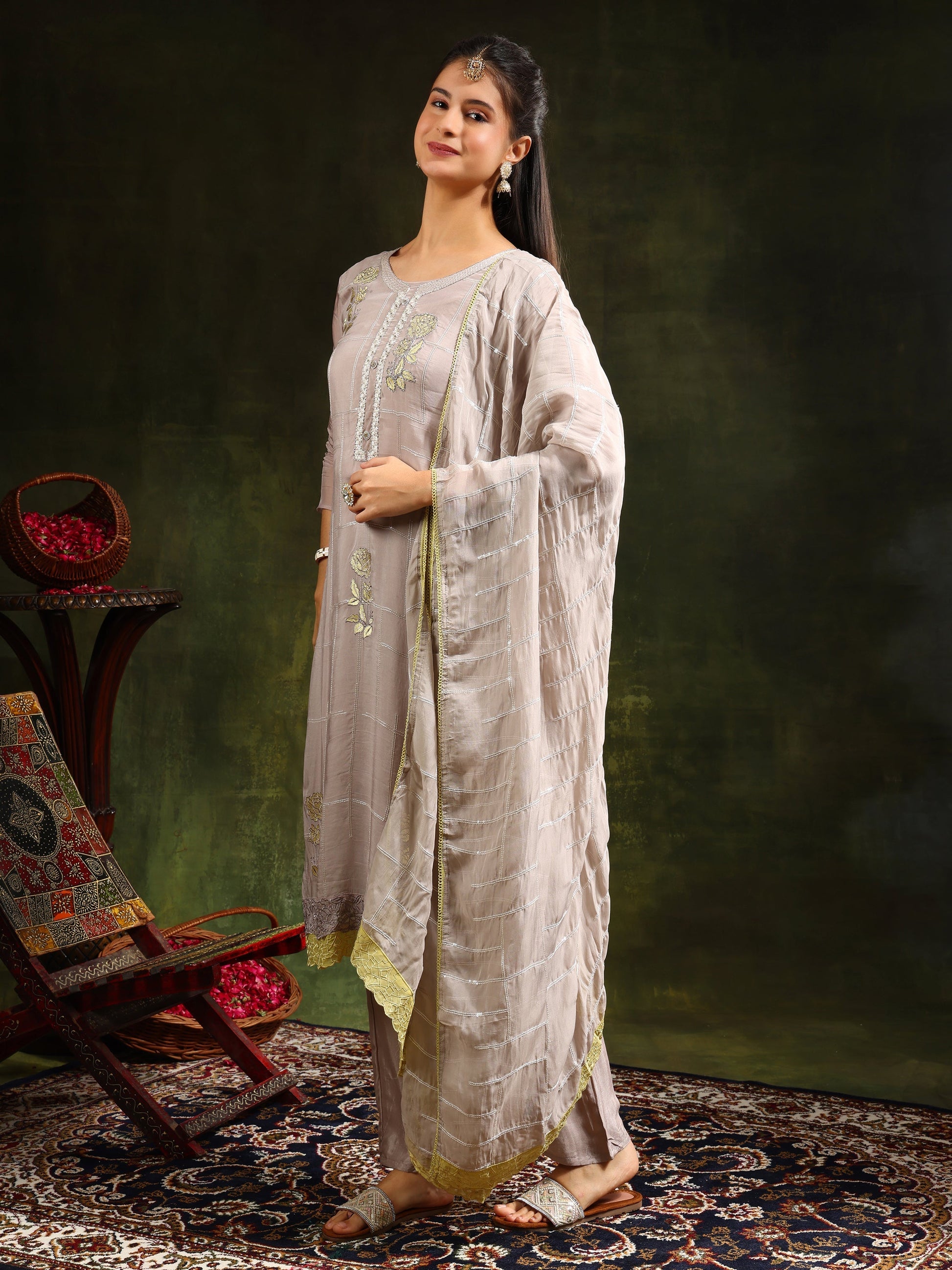 Hand Embroidered Kurta With Pant & Organza Sequined Embroidered Dupatta, Grey - Hiral Fashion
