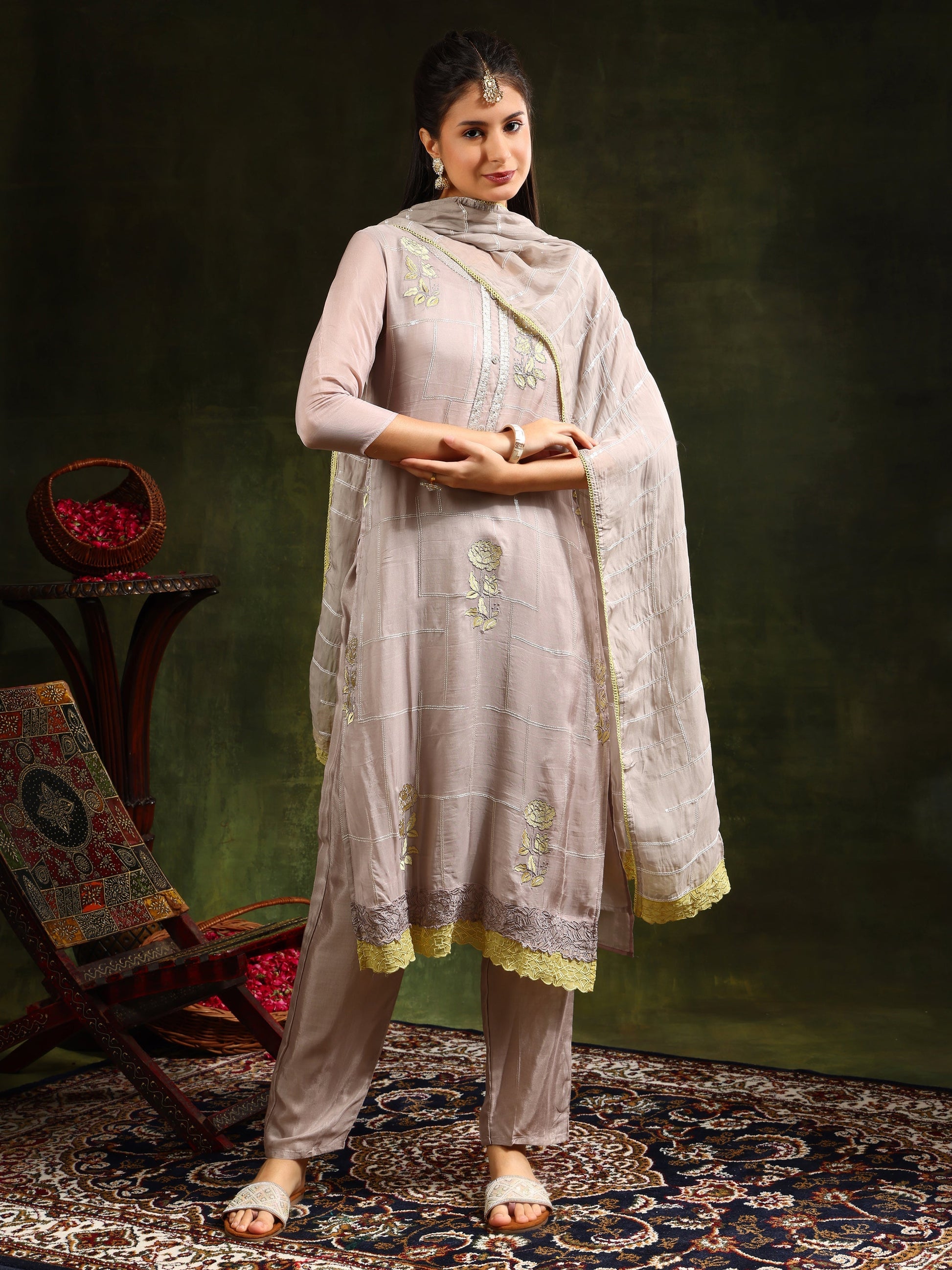 Hand Embroidered Kurta With Pant & Organza Sequined Embroidered Dupatta, Grey - Hiral Fashion