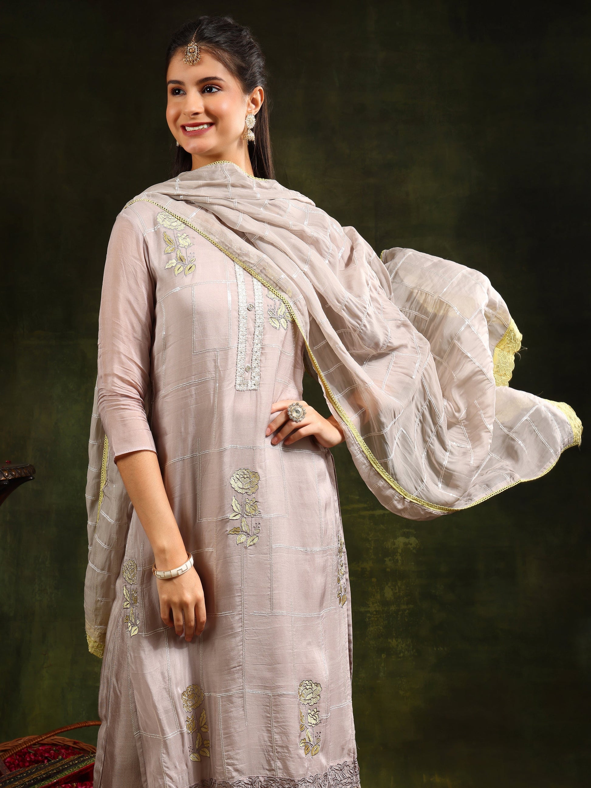 Hand Embroidered Kurta With Pant & Organza Sequined Embroidered Dupatta, Grey - Hiral Fashion