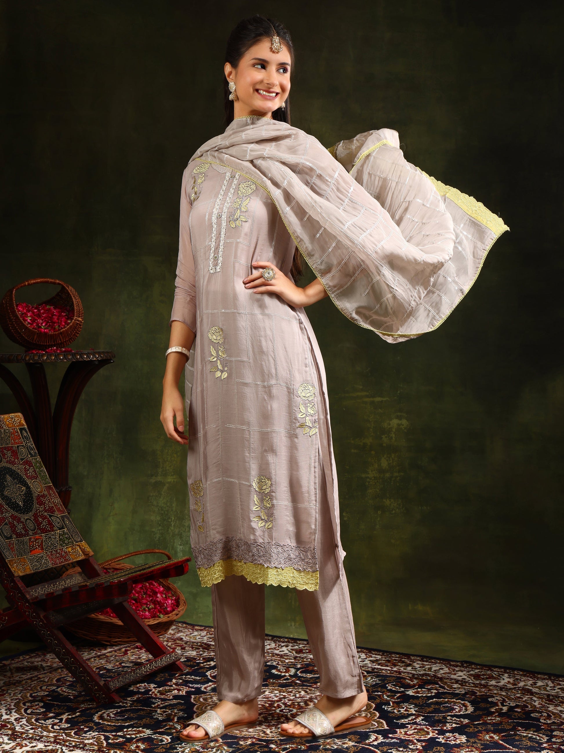 Hand Embroidered Kurta With Pant & Organza Sequined Embroidered Dupatta, Grey - Hiral Fashion