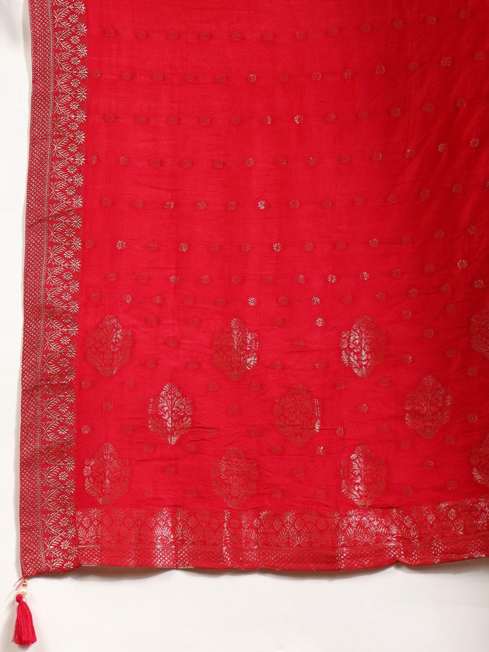 Hand Embroidered Kurta With Pant & Banarasi Silk Dupatta, Red - Hiral Fashion