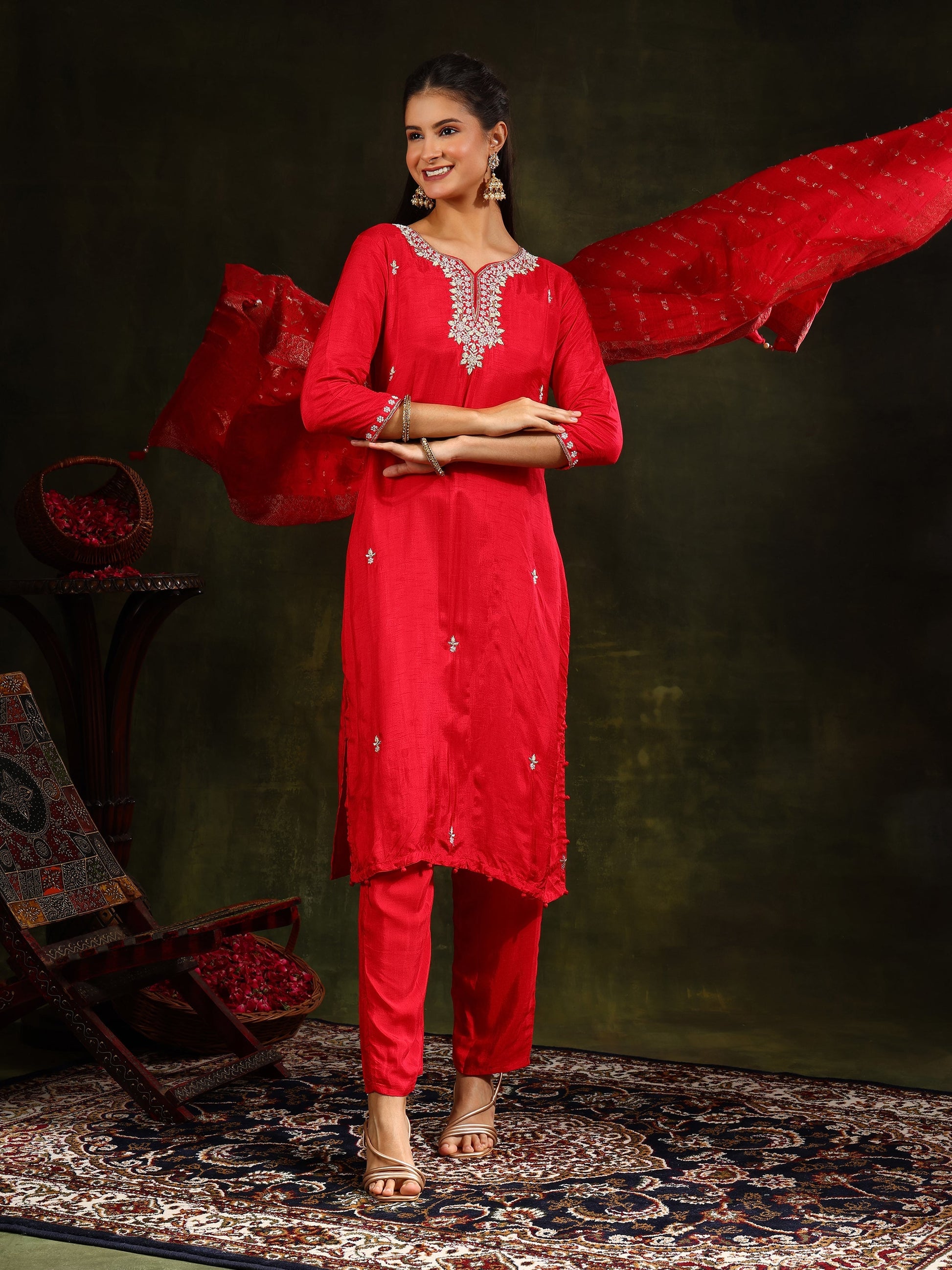 Hand Embroidered Kurta With Pant & Banarasi Silk Dupatta, Red - Hiral Fashion