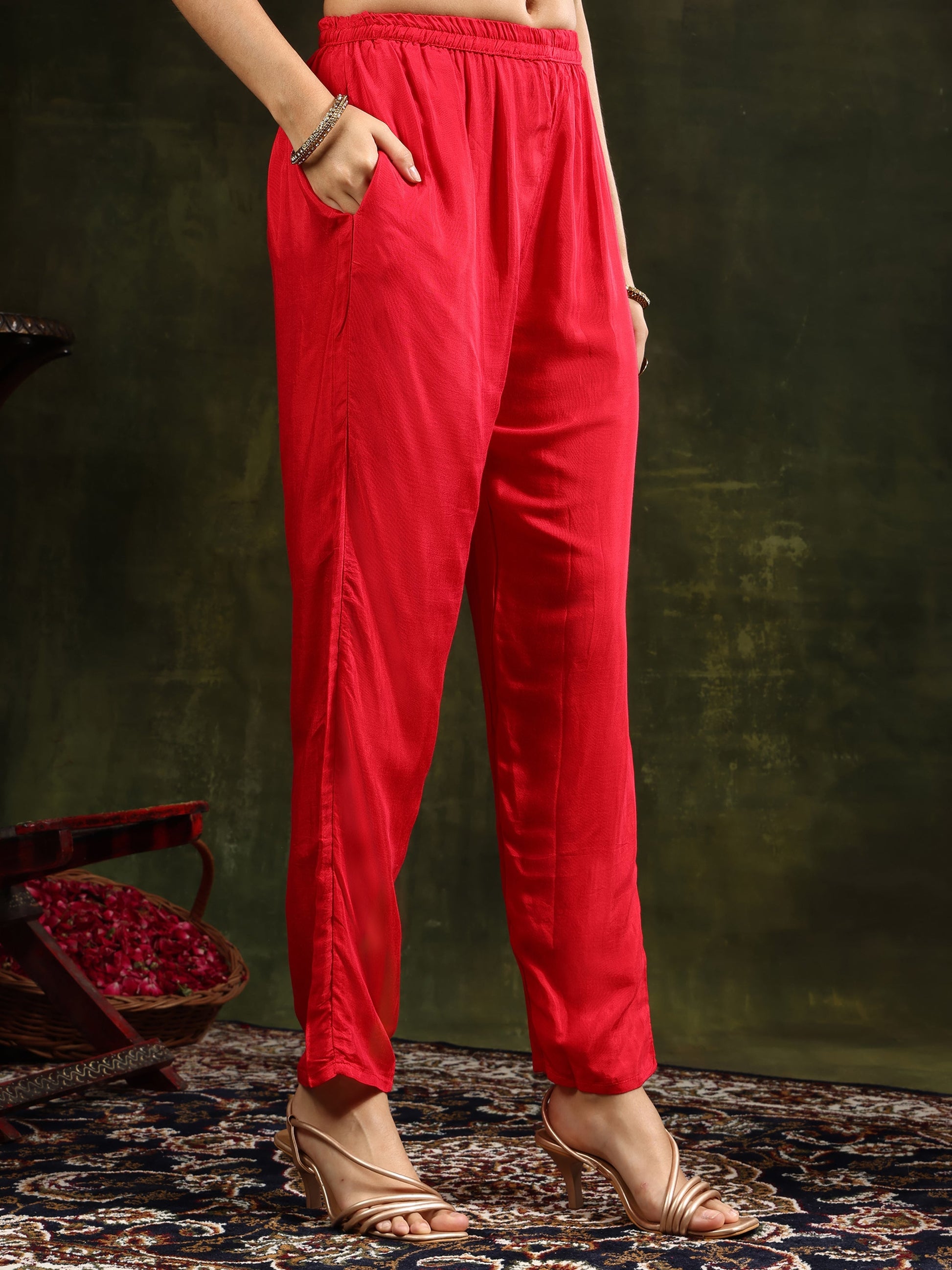 Hand Embroidered Kurta With Pant & Banarasi Silk Dupatta, Red - Hiral Fashion