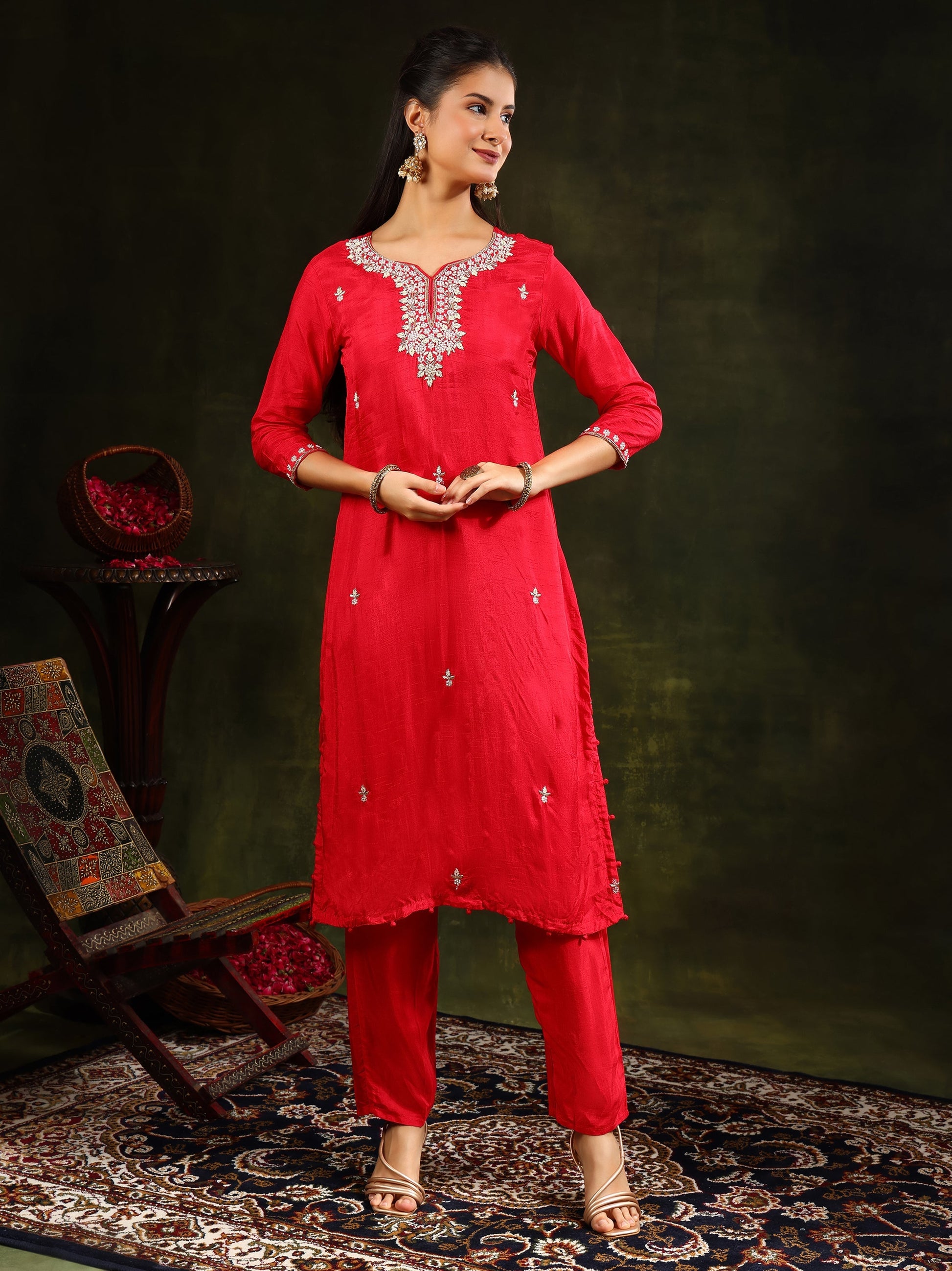 Hand Embroidered Kurta With Pant & Banarasi Silk Dupatta, Red - Hiral Fashion