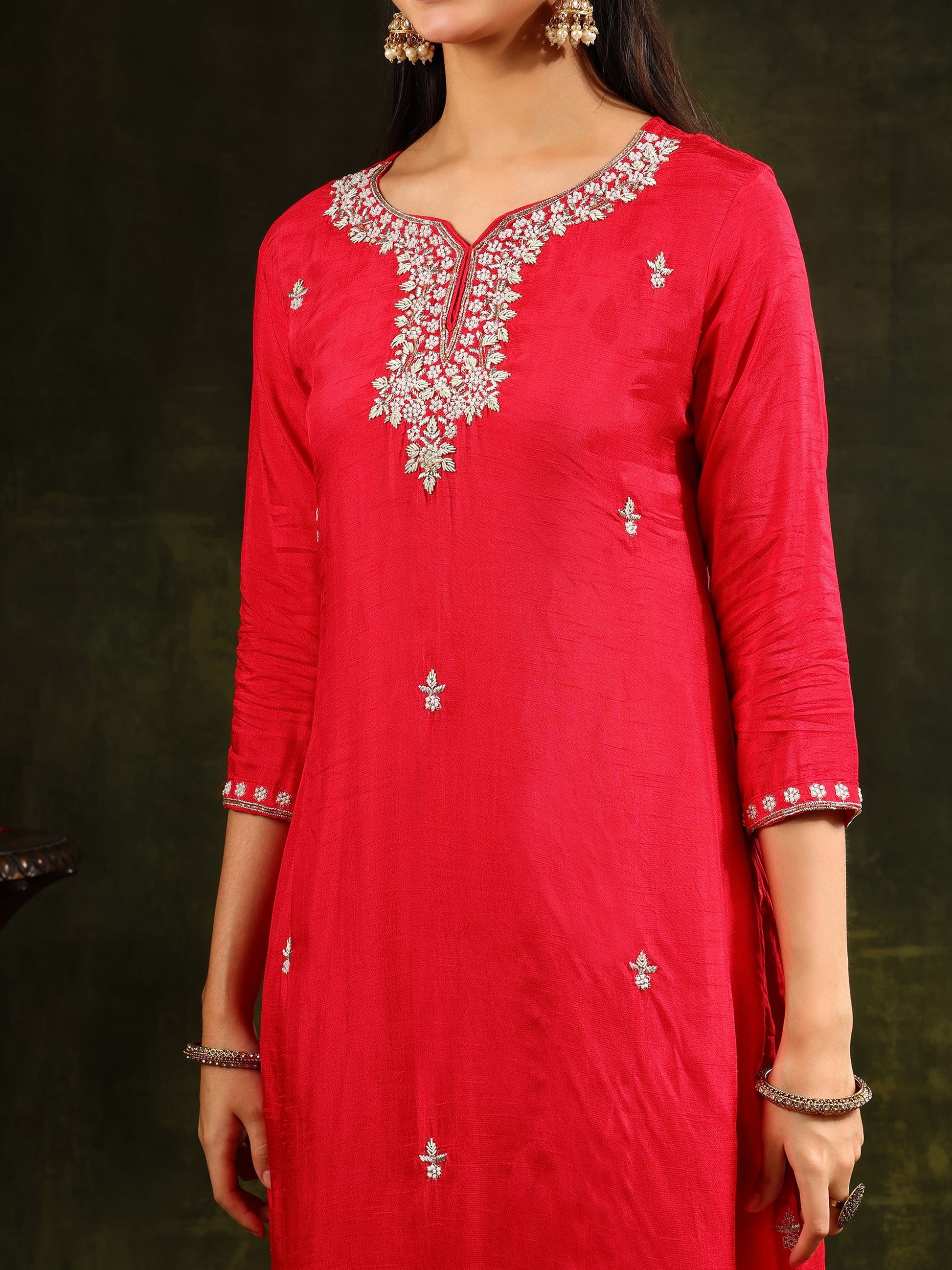 Hand Embroidered Kurta With Pant & Banarasi Silk Dupatta, Red - Hiral Fashion