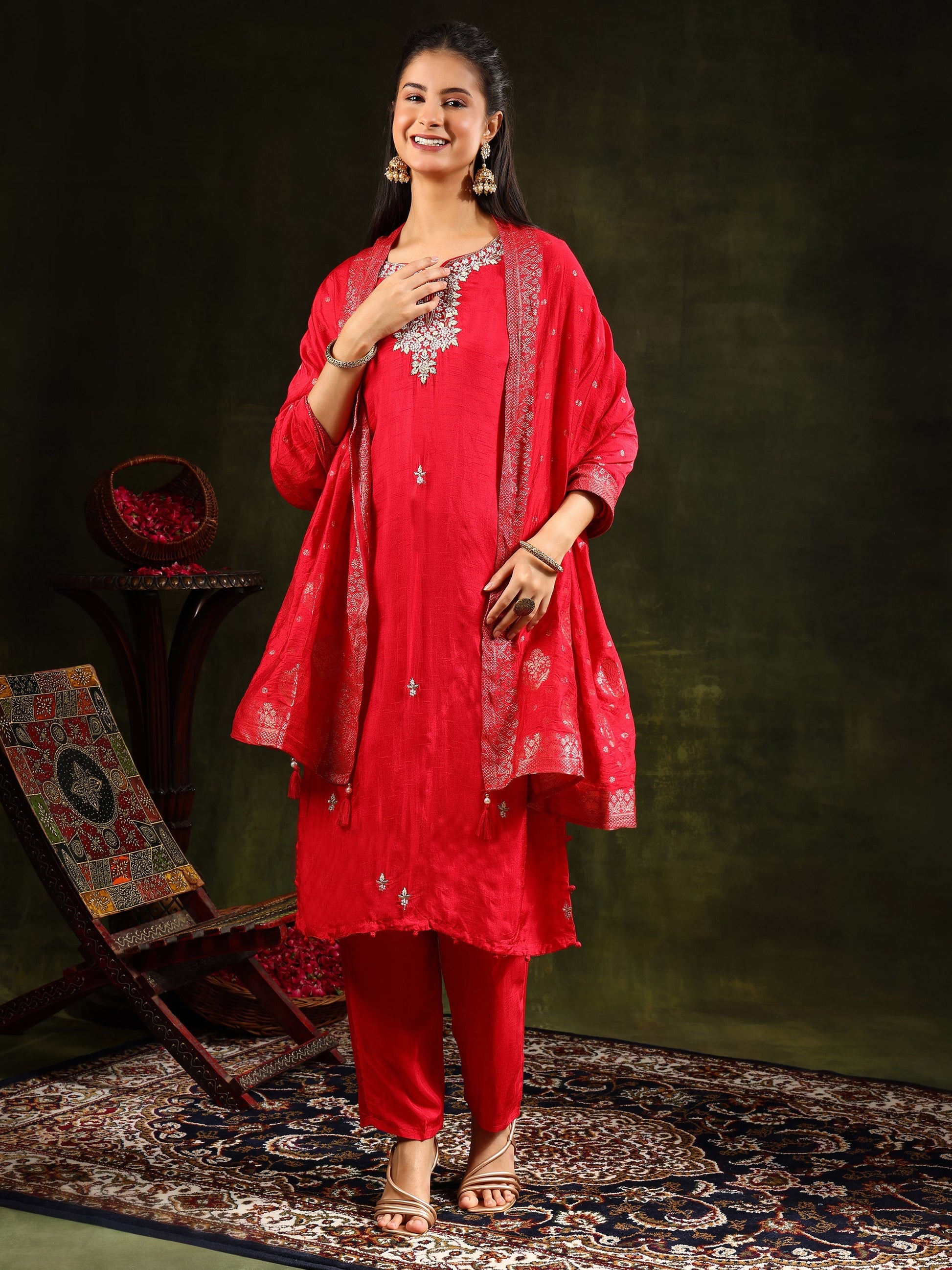 Hand Embroidered Kurta With Pant & Banarasi Silk Dupatta, Red - Hiral Fashion