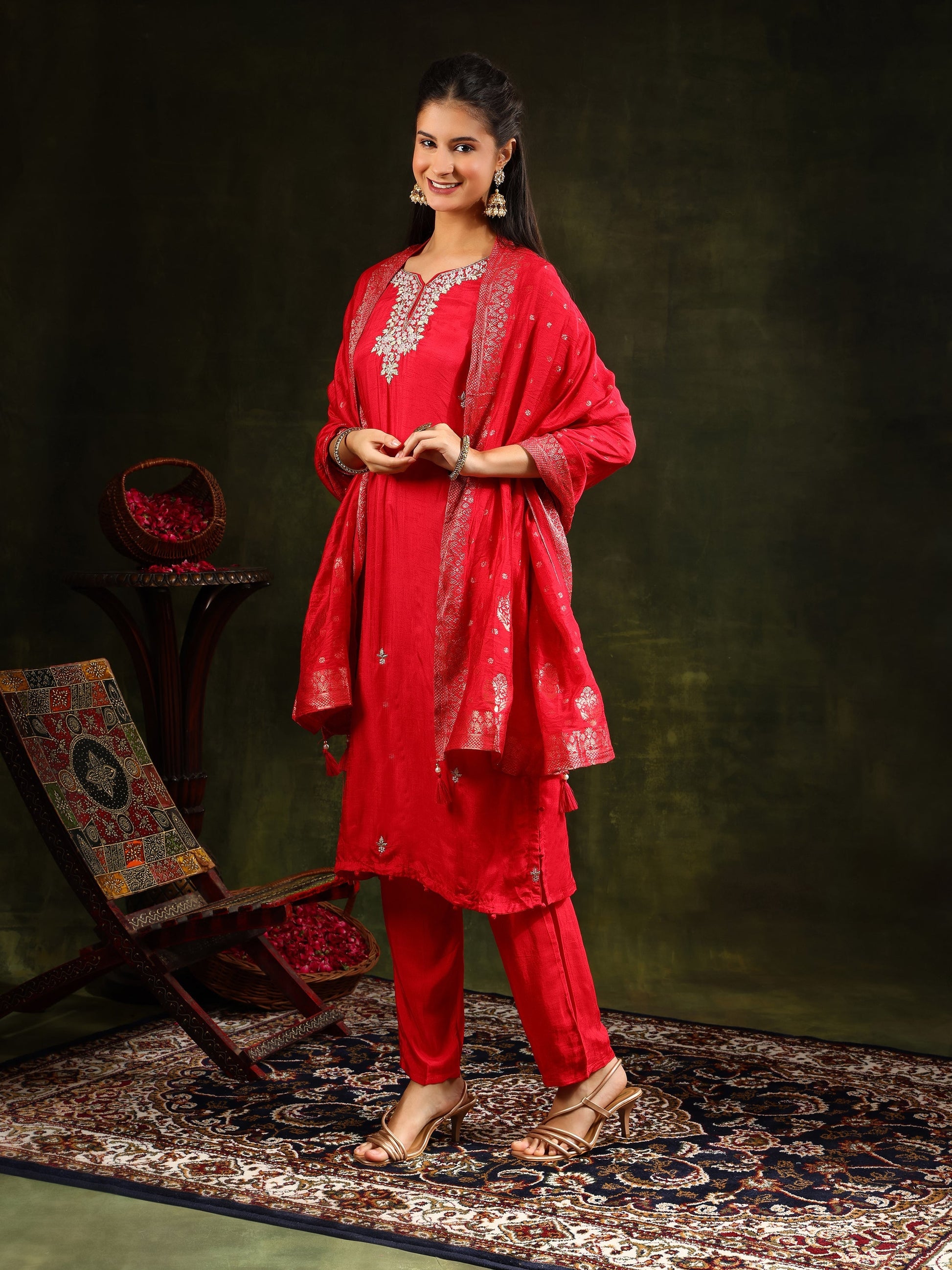 Hand Embroidered Kurta With Pant & Banarasi Silk Dupatta, Red - Hiral Fashion