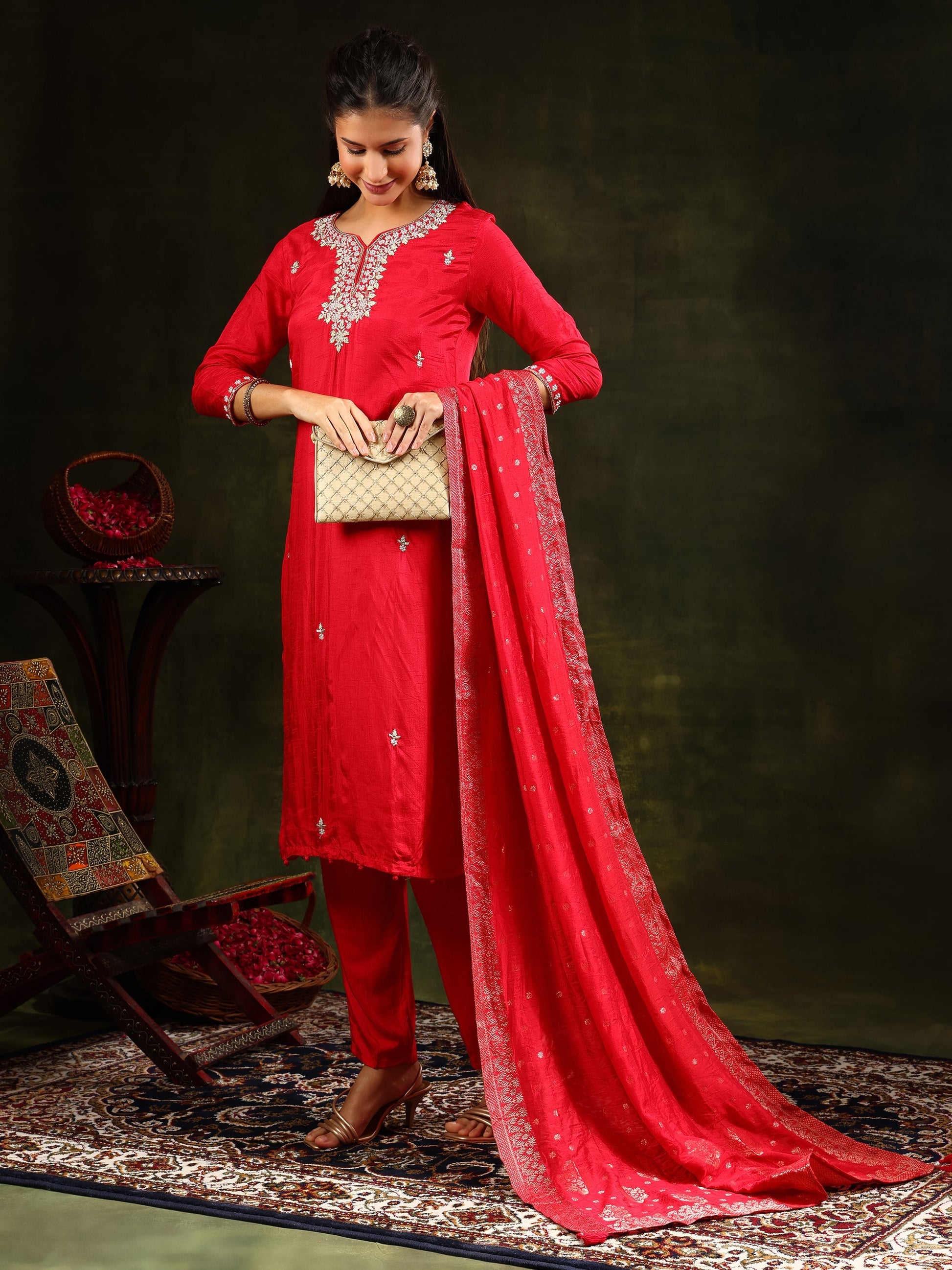 Hand Embroidered Kurta With Pant & Banarasi Silk Dupatta, Red - Hiral Fashion