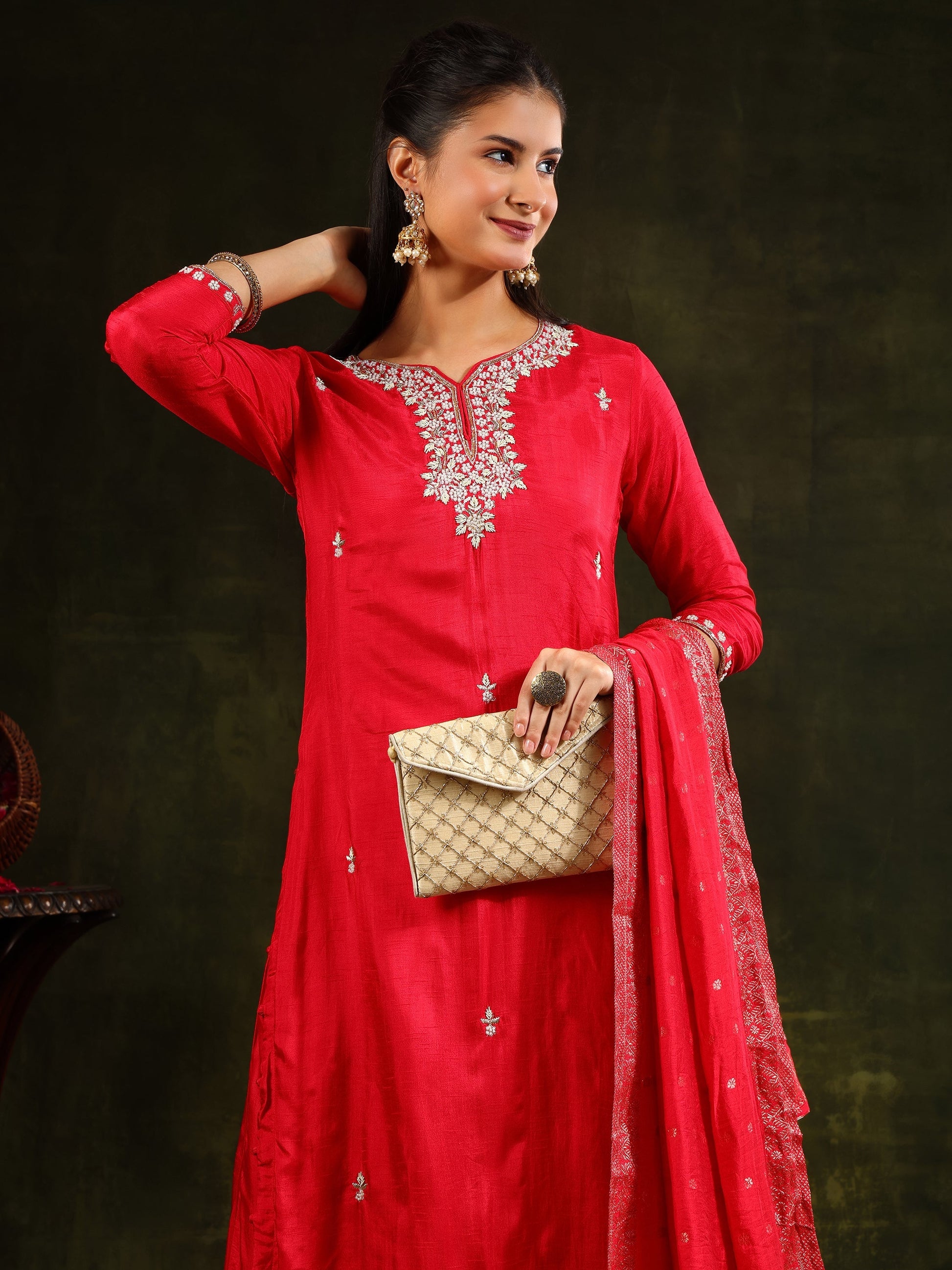 Hand Embroidered Kurta With Pant & Banarasi Silk Dupatta, Red - Hiral Fashion
