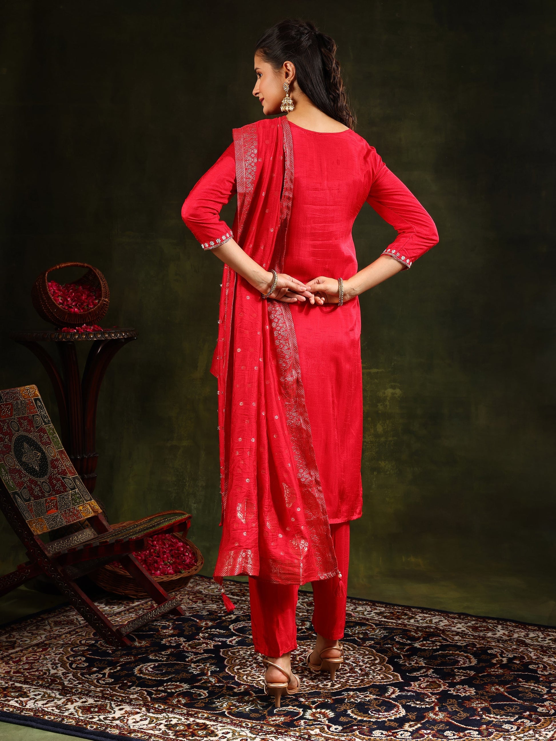 Hand Embroidered Kurta With Pant & Banarasi Silk Dupatta, Red - Hiral Fashion