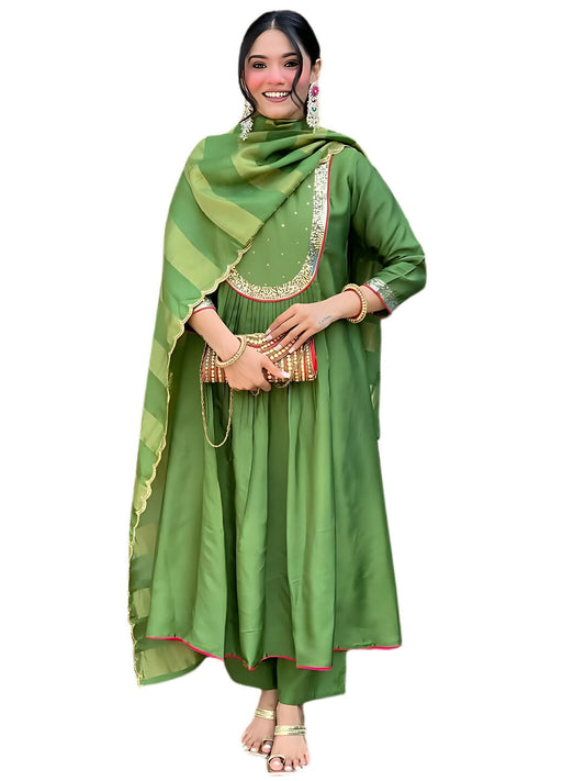 The52 Light Green Women's Gorgeous Embroidered Work Chanderi Fabric Flared Kurta Pant and Dupatta Set | Grab2Buy