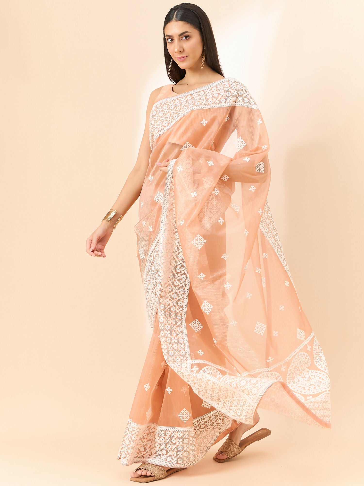 Peach Organza Geometric Embroidered Saree with Unstitched Blouse Piece - Roozal