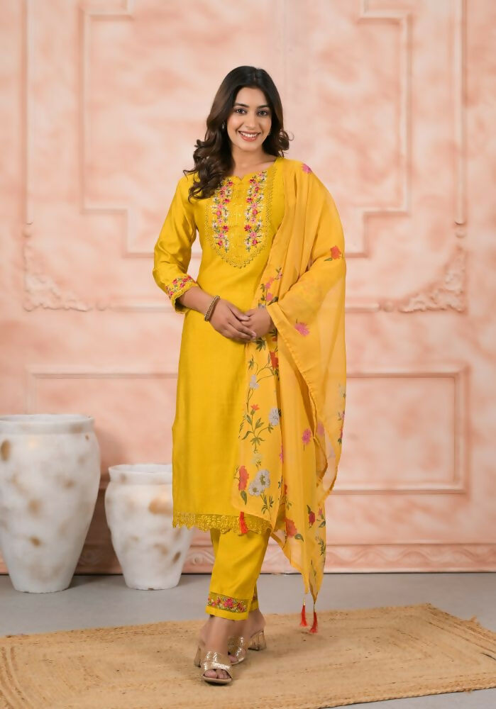 Ethnic Festive Wear Slik Yellow Stitched Suit With Dupatta - Anbazaar