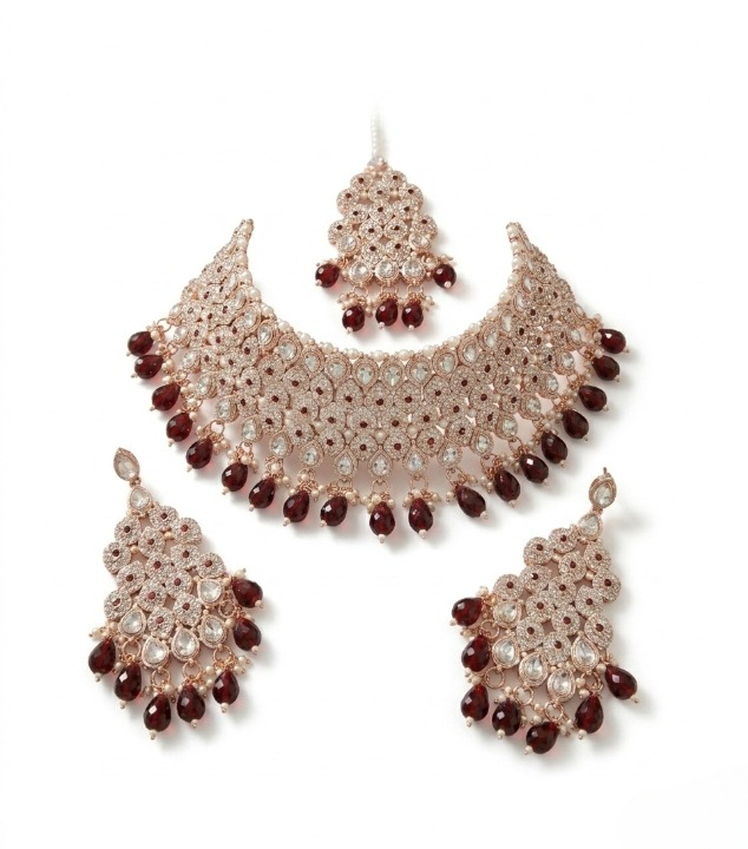 Jewel City Kundan Bridal Choker Jewelry Set with Beads | Indian Wedding Necklace, Drop Earrings & Maang Tikka