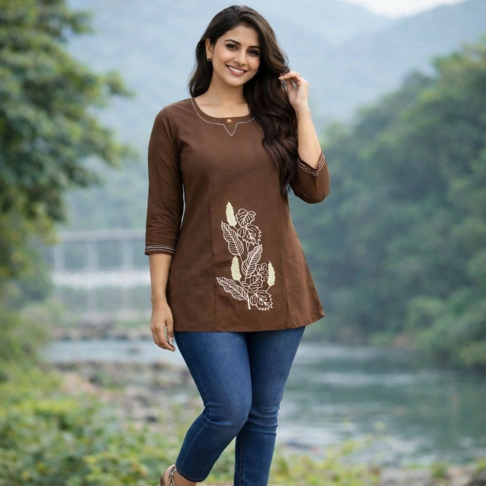 Teeya Creation Womens New Latest Cotton Brown Floral Embroidered Short Kurti