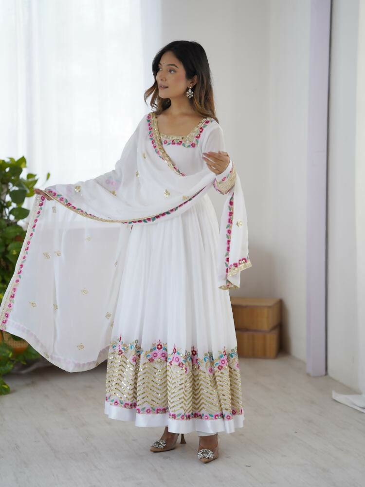 Joban Fashion White Georgette Sequence Embroidery Work Readymade Kurta Set
