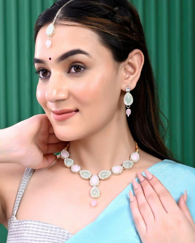 VOJ Gold Plated Nude Pink And Mint Green Stone Studded Jewellery Set With Maang Tikka - Grab2buy